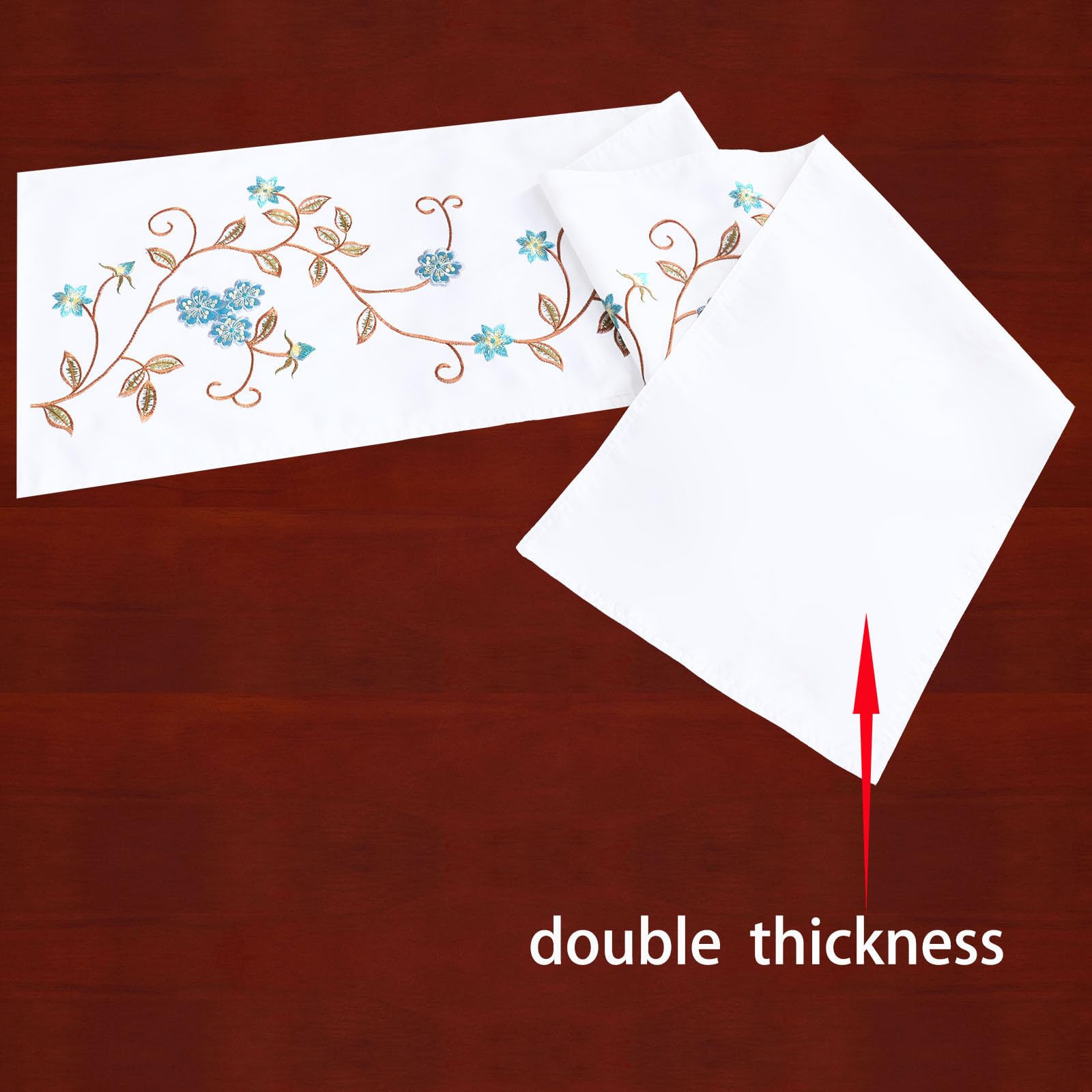 Simhomsen Double Thickness Rustic Embroidered Floral Table Runner - 14x35 Inch Farmhouse Decor for Dining Table, Buffet, Dresser - Spring Summer Home Decor in Teal Blue