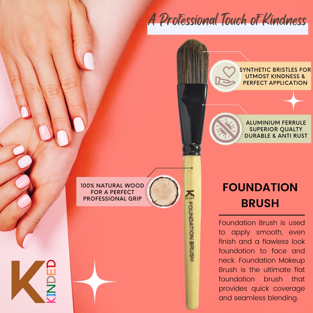 **KINDED Professional Flat Foundation Makeup Brush - Smooth Soft Synthetic Bristles, Anti-Rust Aluminum Ferrule & Natural Wooden Handle - Perfect for Face & Neck Makeup Application**