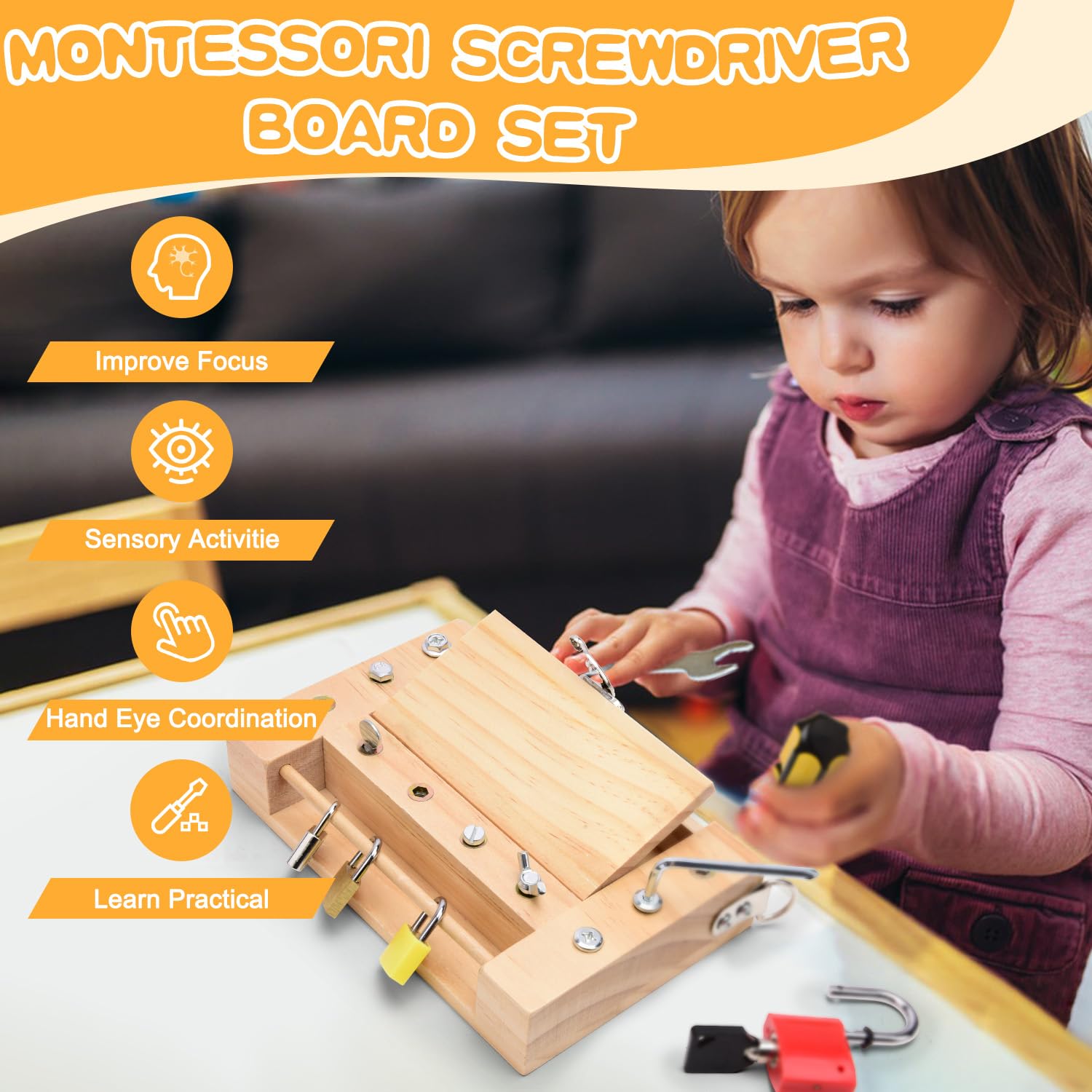 **Montessori Screwdriver Board - Wooden Lock & Key Toy Set for Kids Ages 3+, Sensory Learning Tools with Storage | STEM Educational Toy for Preschoolers & Toddlers (Fine Motor Skills, DIY Pretend Play)**