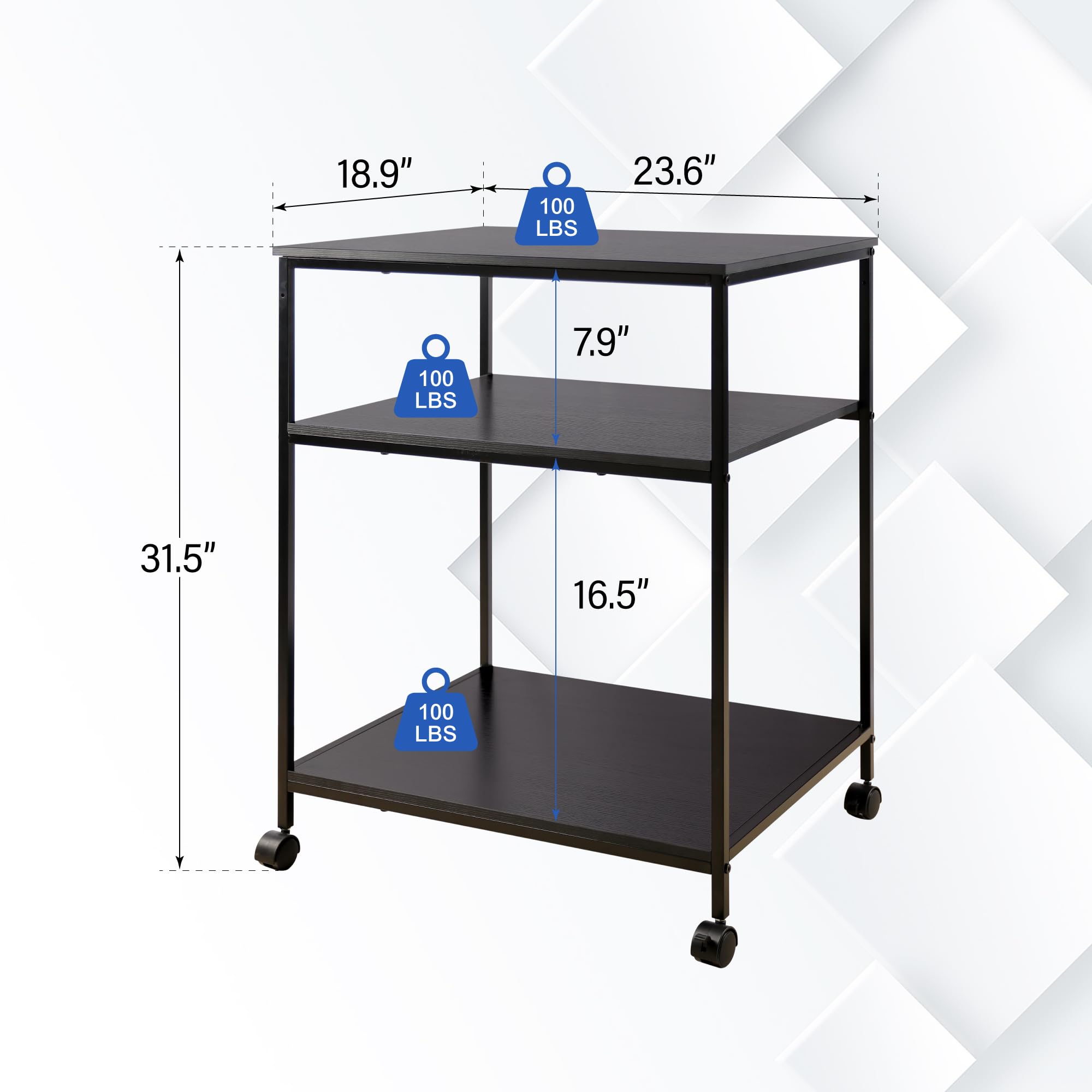 EMERIT Heavy Duty 3-Tier Adjustable Printer Stand Cart with Lockable Wheels - 23.6x18.9x31.5 Inches for Laser/Inkjet/All-in-One Printers, Scanners, Fax Machines & Office Supplies - Perfect for Home Office, Workspace & Industrial Use
