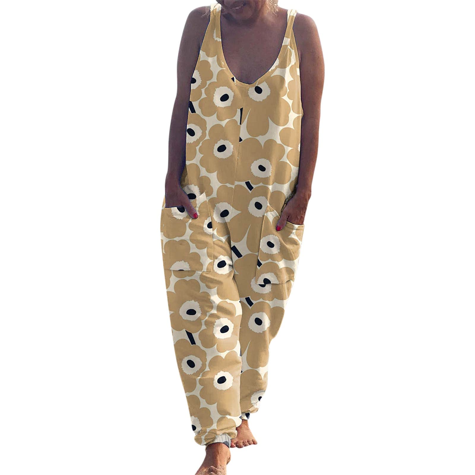 AMTF Women's Summer Loose Casual Sleeveless Printed Jumpsuit - Long Pants Romper with Pockets | Breathable Comfort Outfit for Beach, Vacation & Casual Wear