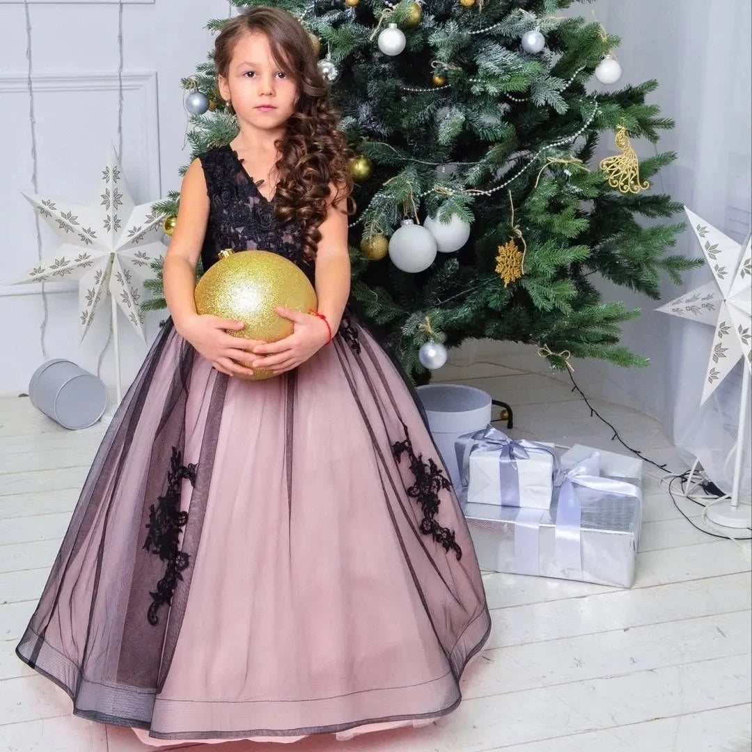 Princess Girls Party Dress - Blush & Black Formal Gown for Kids Birthday, Wedding & Special Occasions