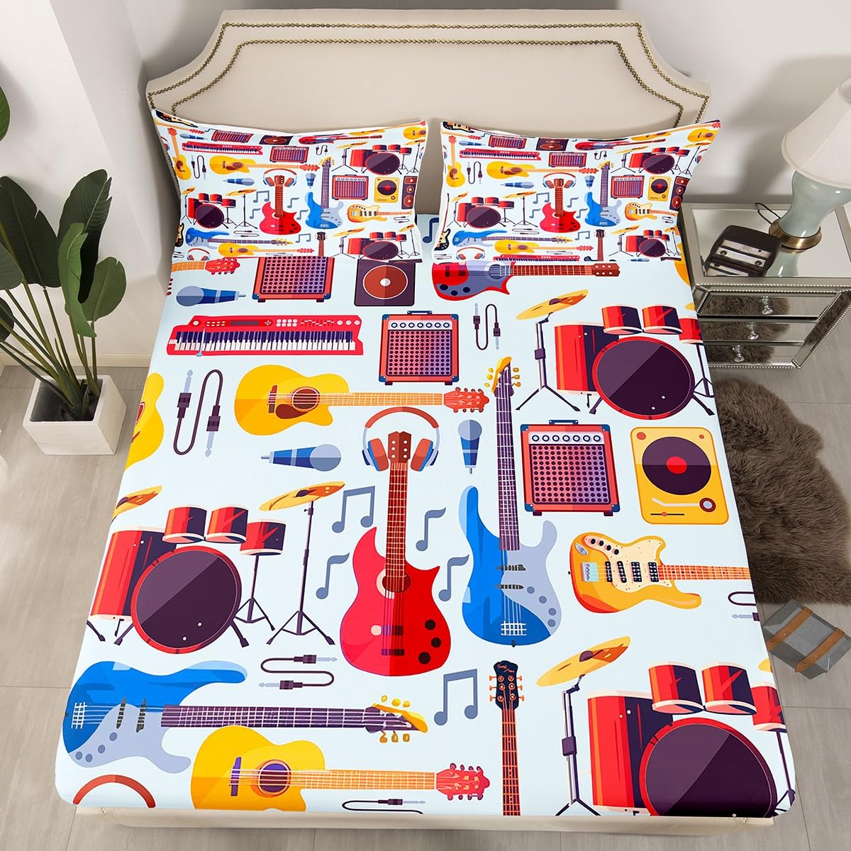 Manfei Musical Kids Fitted Sheet Queen Size - Guitar Radio Drum Kit Headset Print 3-Piece Bedding Set for Boys & Girls | Soft Polyester Rock Music Bed Cover with 2 Pillowcases | Perfect for Kids' Rooms, Music Lovers & Themed Bedrooms