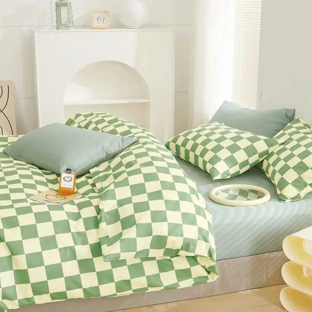 CLOTHKNOW Green White Plaid California King Comforter Set - 3 Piece Grid Bedding Set with 2 Pillowcases | Soft Checkered Duvet Cover for Master Bedroom, Guest Room & Dorm Decor