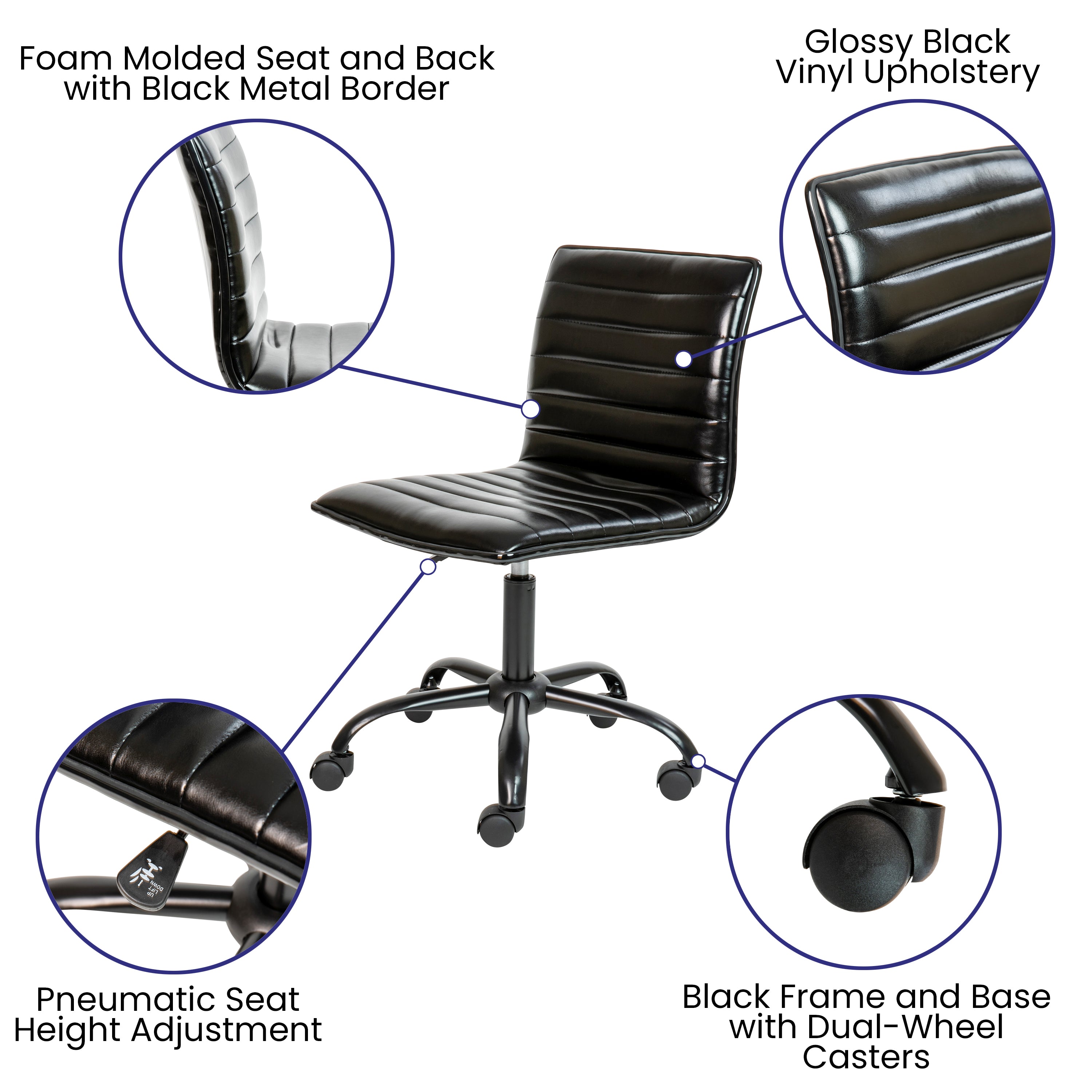 Ergonomic FLASH Alan Low Back Armless Swivel Office Chair - Black Ribbed Upholstery with Durable Black Frame & Base - Perfect for Home Office, Study, or Workspace