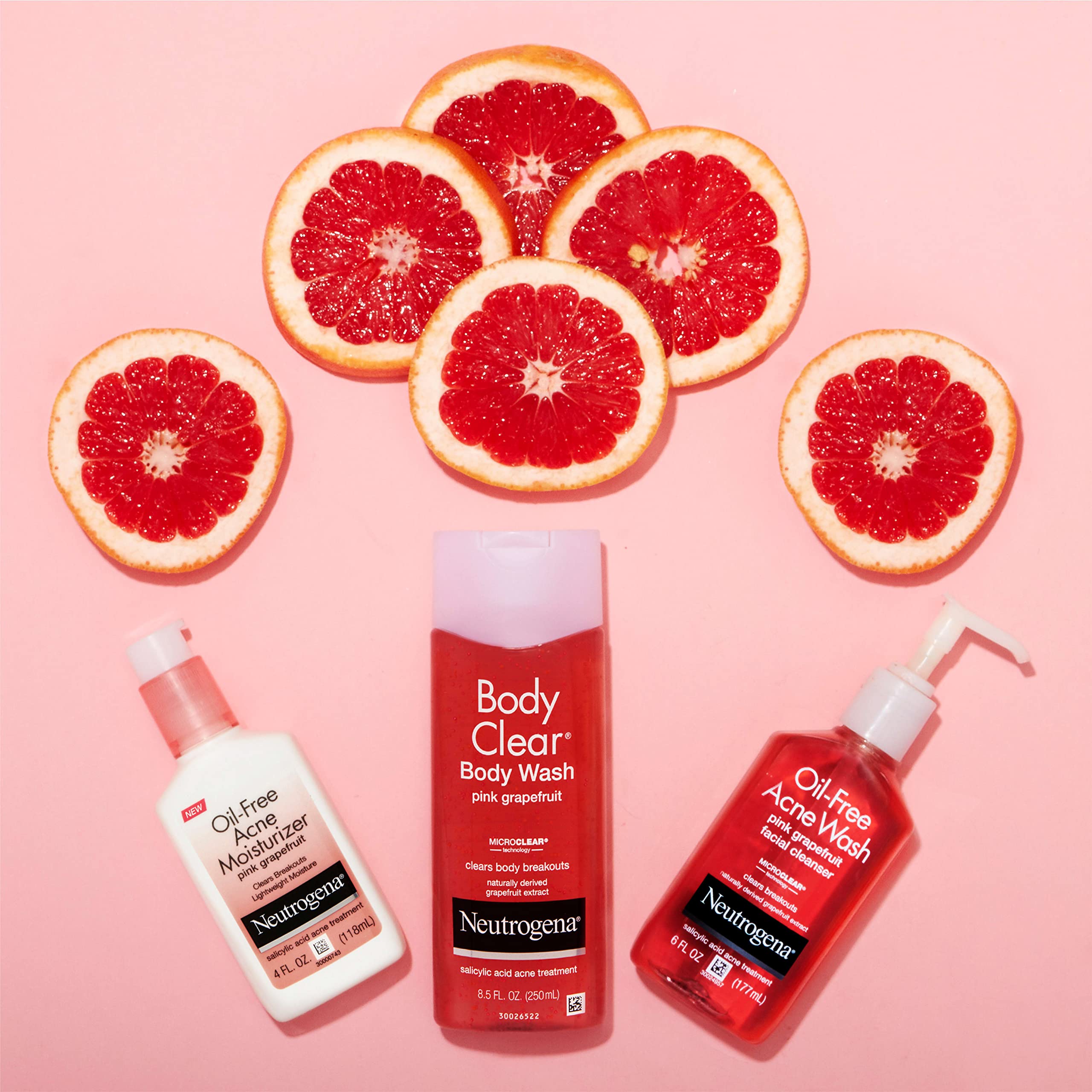 Neutrogena Body Clear Acne Treatment Body Wash with Salicylic Acid - Pink Grapefruit Scented Acne Medicine for Back, Chest & Shoulders - 8.5 fl oz (3 Pack) - Prevent Breakouts & Clear Skin for Gym, Travel & Daily Shower Use