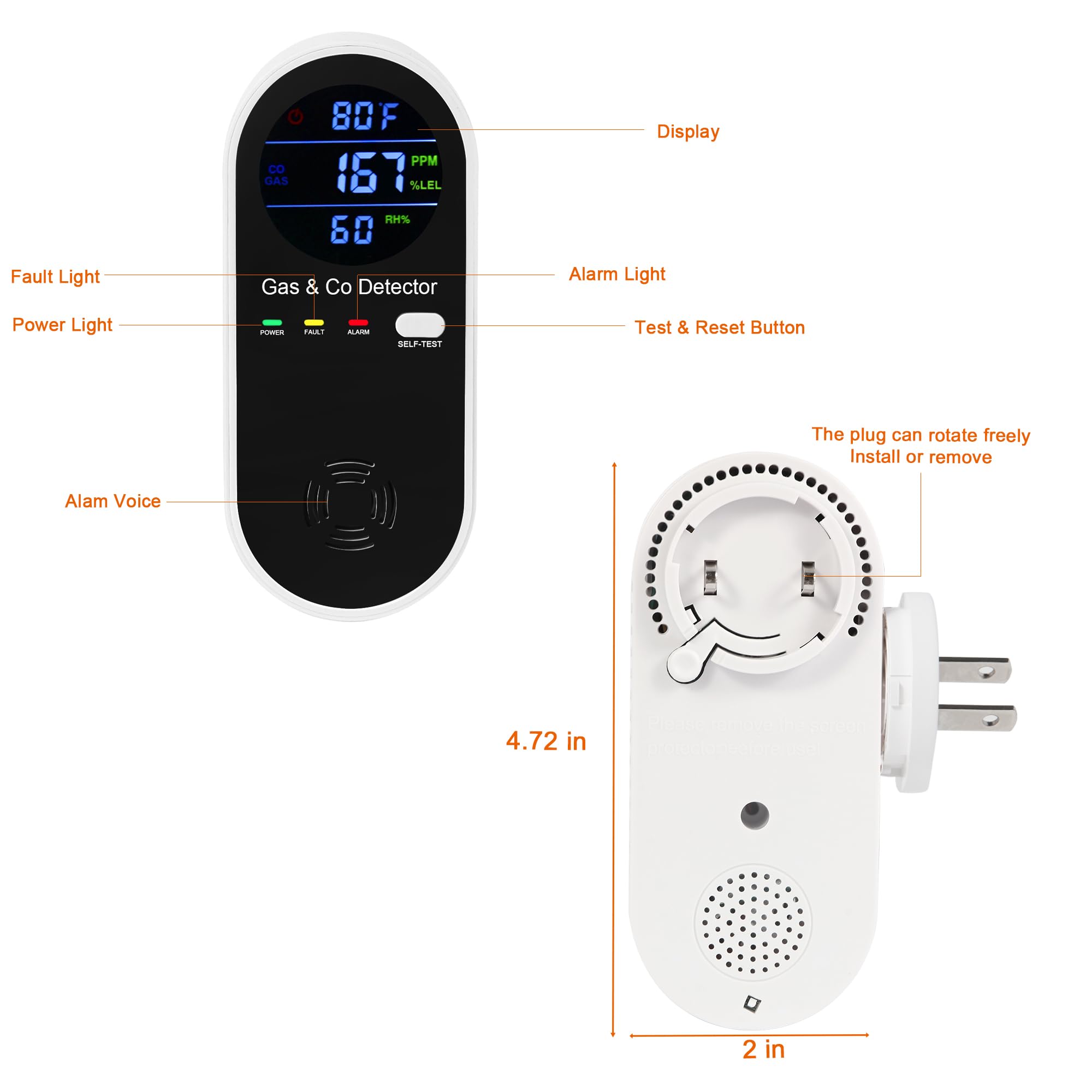 4-in-1 Plug-in Gas & Carbon Monoxide Detector Alarm for Home Safety - Natural Gas, Propane, Methane & CO Detection with Fahrenheit & Humidity Display - Ideal for Homes, Apartments, RVs & Campers