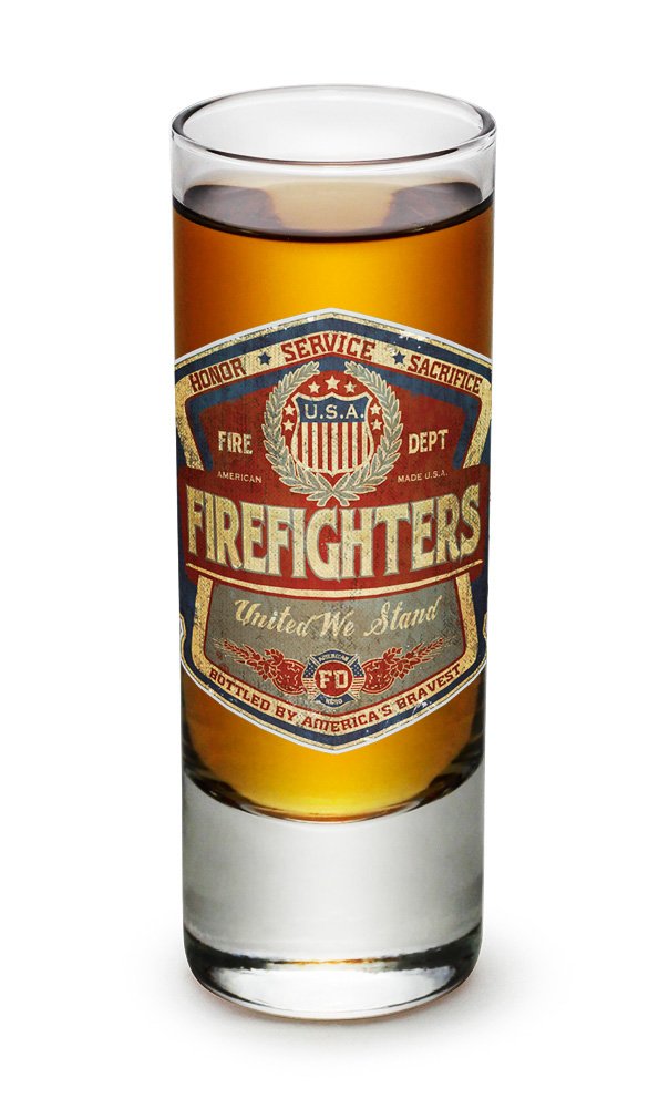 Firefighter Shot Glasses Set of 36 - 2 Oz Denim Fade Beer Label Glass Shots with Logo - Perfect Gifts for Firefighters, Men & Women - Great for Parties, Bars, and Firehouse Celebrations