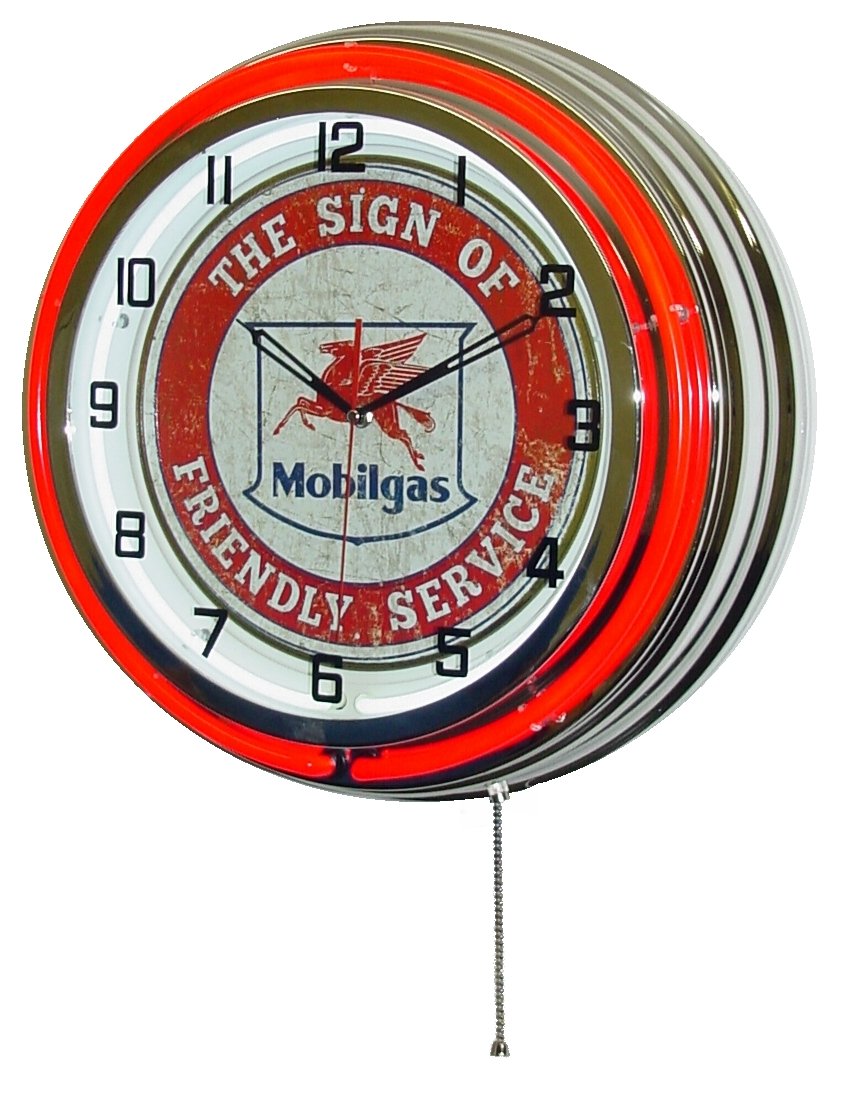 Vintage Mobilgas Flying Pegasus 18 Inch Red Double Neon Wall Clock - Retro Gas Station Decor for Man Cave, Garage, or Diner Style Home