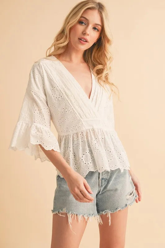 Flounce Sleeve Eyelet Peplum Top for Women - Elegant Summer Blouse with Ruffled Hem & Lace Details | Perfect for Casual Outings, Date Nights & Office Wear