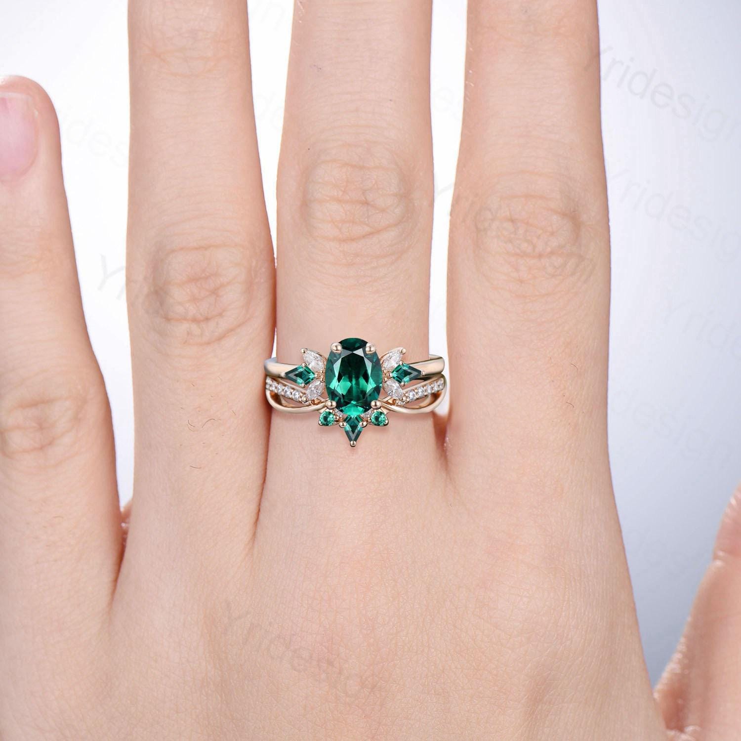 1.5 Carat Oval Emerald Wedding Ring Set - 2pc May Birthstone Bridal Ring with Infinity Lab Emerald Stacking Band - Handmade Proposal Gift for Her - Perfect for Engagement, Anniversary & Special Occasions