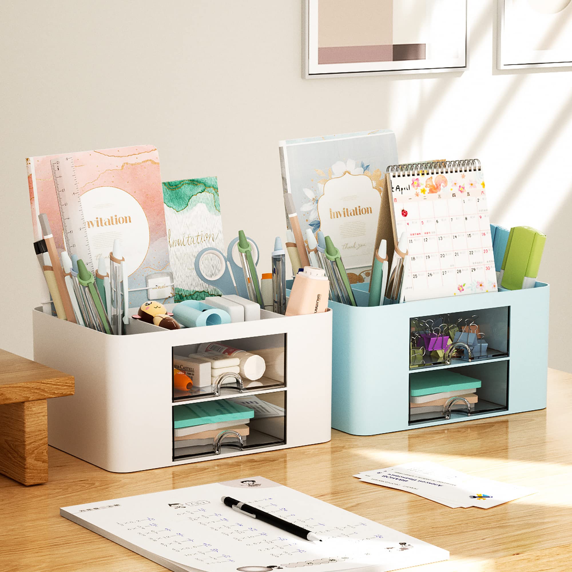 Marbrasse 2-Drawer Pen Organizer - Multi-Functional Desk Pencil Holder with 5 Compartments for Office & Art Supplies (White) | Perfect for Home Office, School, and Craft Room Organization