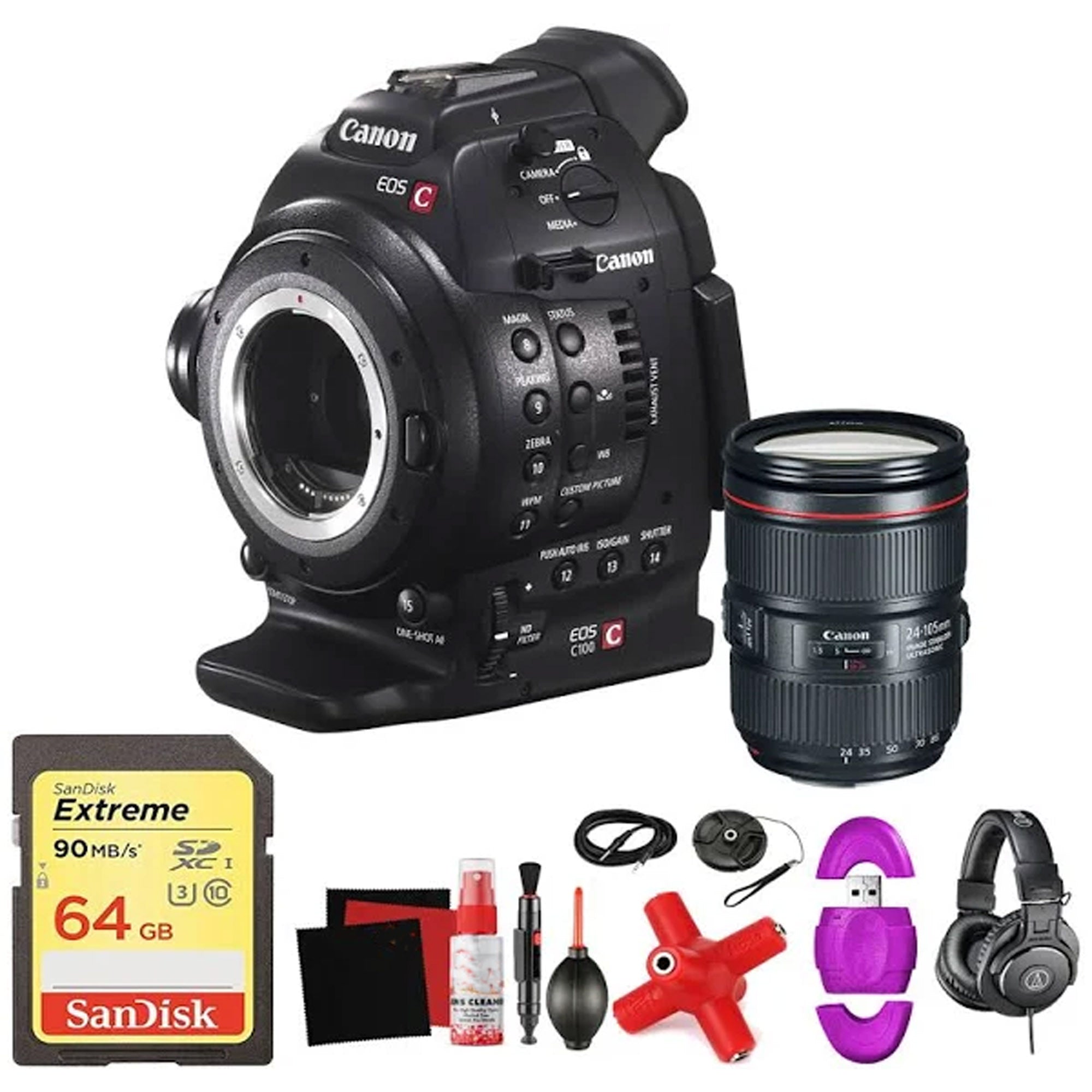 Canon EOS C100 Mark II Professional Cinema Camera with Dual Pixel CMOS AF & EF 24-105mm f/4L IS II USM Lens Kit - Includes Sandisk 64GB Card, Sony Headphones | Perfect for Filmmaking, Documentary Shooting & Video Production