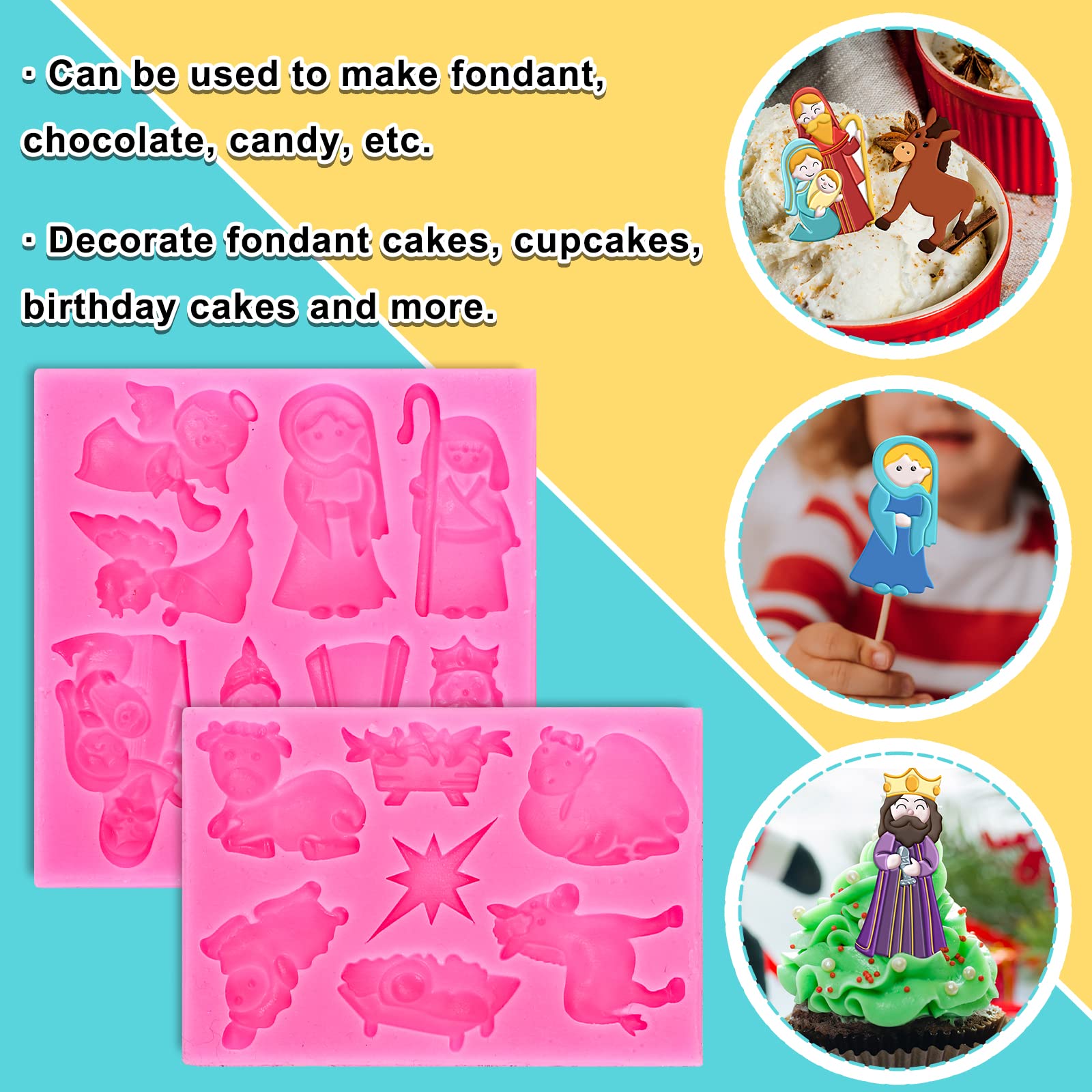 Whaline 2-Piece Christmas Nativity Silicone Mold Set - Jesus Birth Scene Fondant & Resin Baking Molds for Cake Decorating, DIY Candy, Chocolate & Cookie Making - Perfect for Holiday Baking, Christmas Party Treats & Festive Home Decor