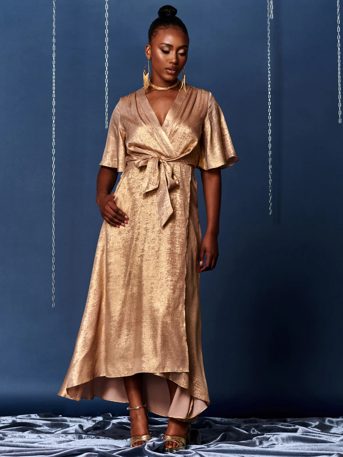 Metallic Gold Wrap Maxi Dress for Women - Elegant Evening Gown for Party, Wedding & Special Occasions