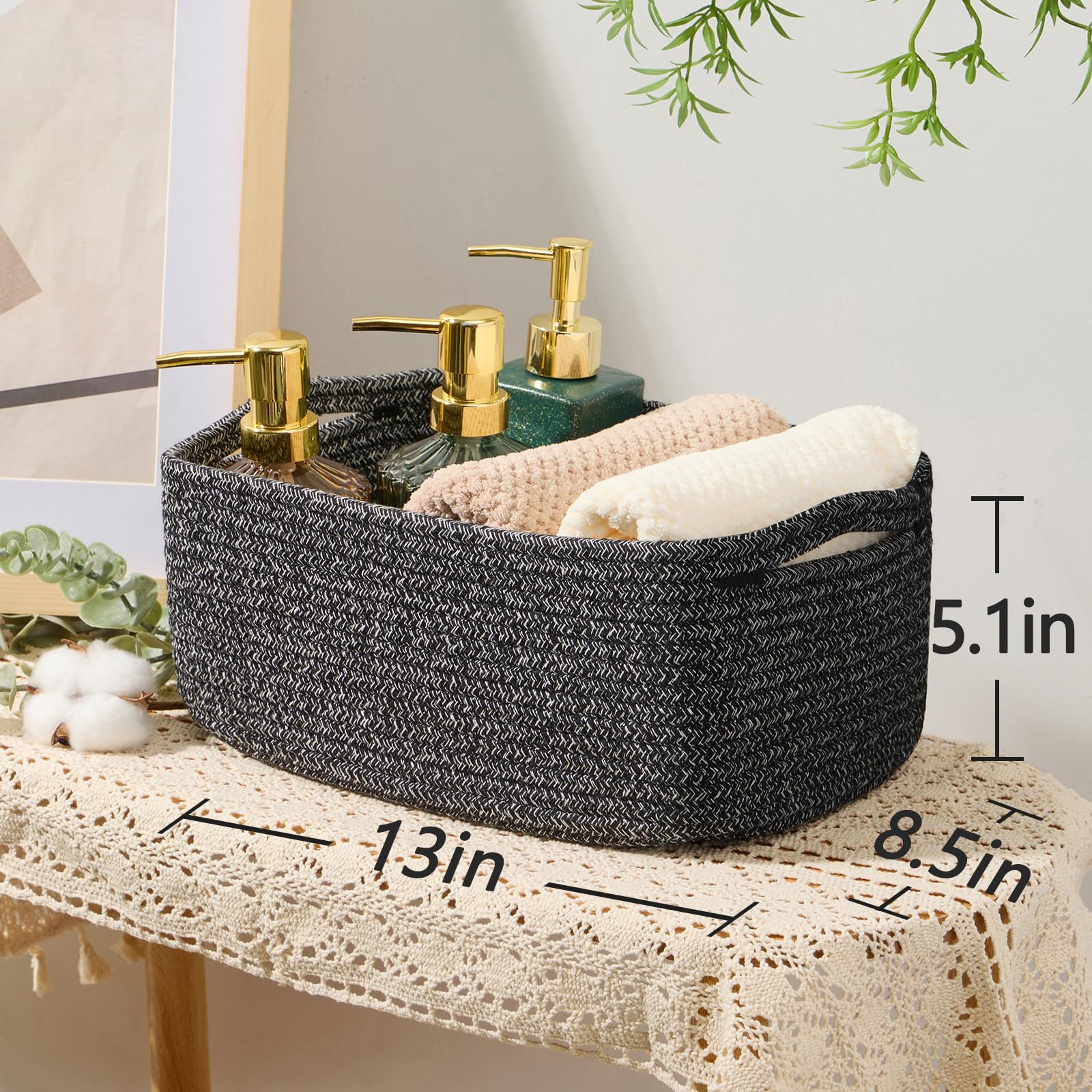 MiniArk Woven Rope Storage Baskets - 3 Pack Dark Gray Organizer Bins (13×8.5×5.1