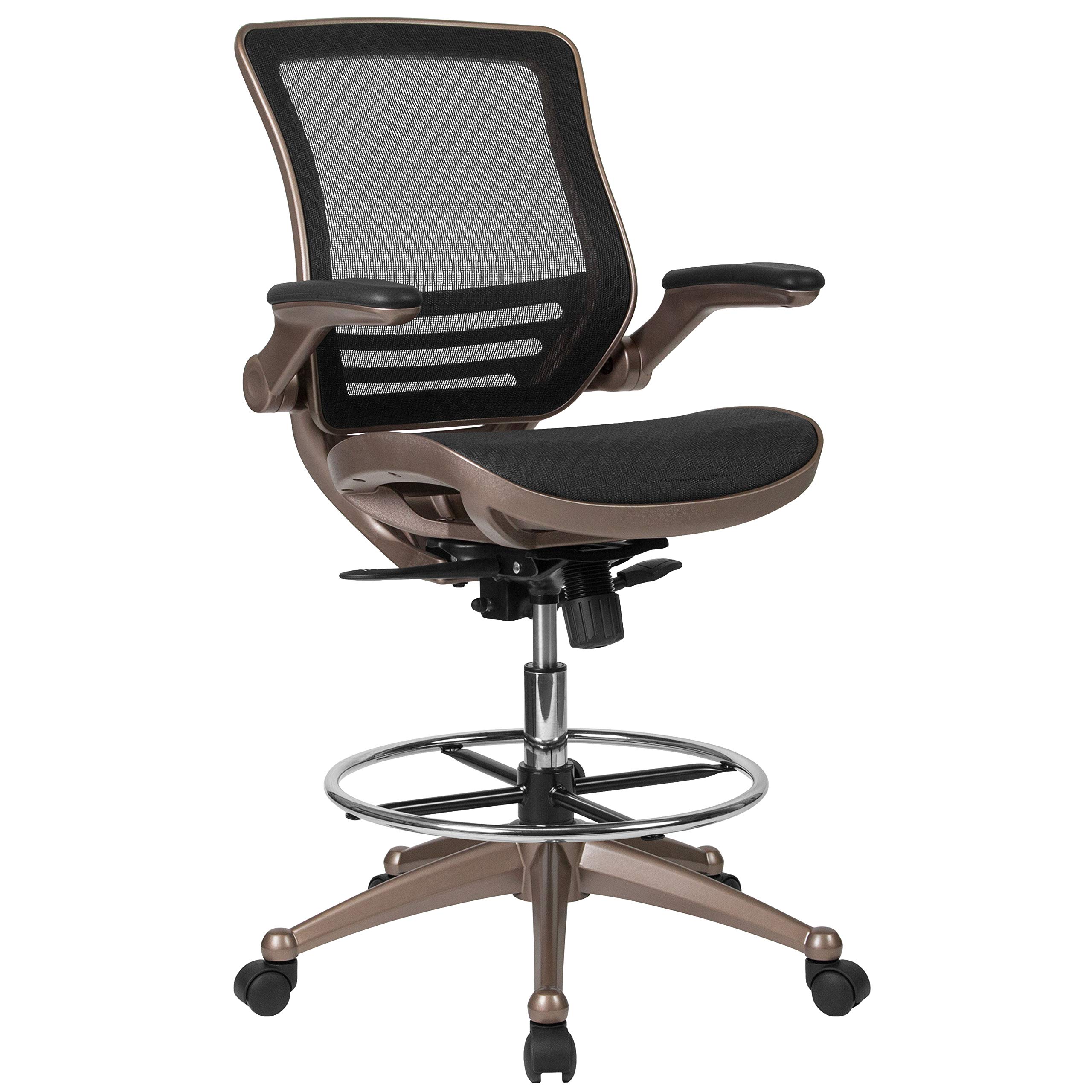Ergonomic Mid-Back Transparent Black Mesh Office Chair with Gold Metal Frame & Flip-Up Arms - Perfect for Architects, Drafting Tables, Home Office & Gaming Setup