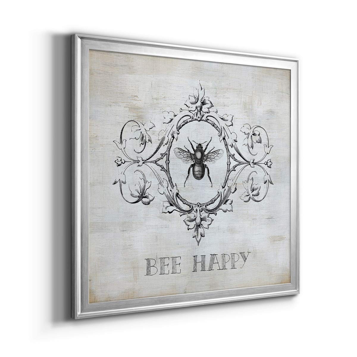 Abstract Wall Art Canvas - Silver Framed Bee Happy 30x30 | Modern Animal, Flower, Coastal & Geometric Wall Décor | Vibrant Ready-to-Hang Painting for Living Room, Bedroom & Office Decor