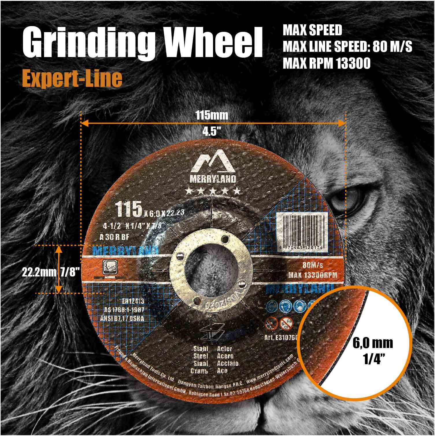 Merryland 4.5 Inch Metal Grinding Wheel 10-Pack - 4.1/2 x 1/4 x 7/8 Inch for Angle Grinder - Perfect for Iron, Steel & INOX Grinding - Expert-Line E31076043 - Ideal for Metal Fabrication, Welding & DIY Projects