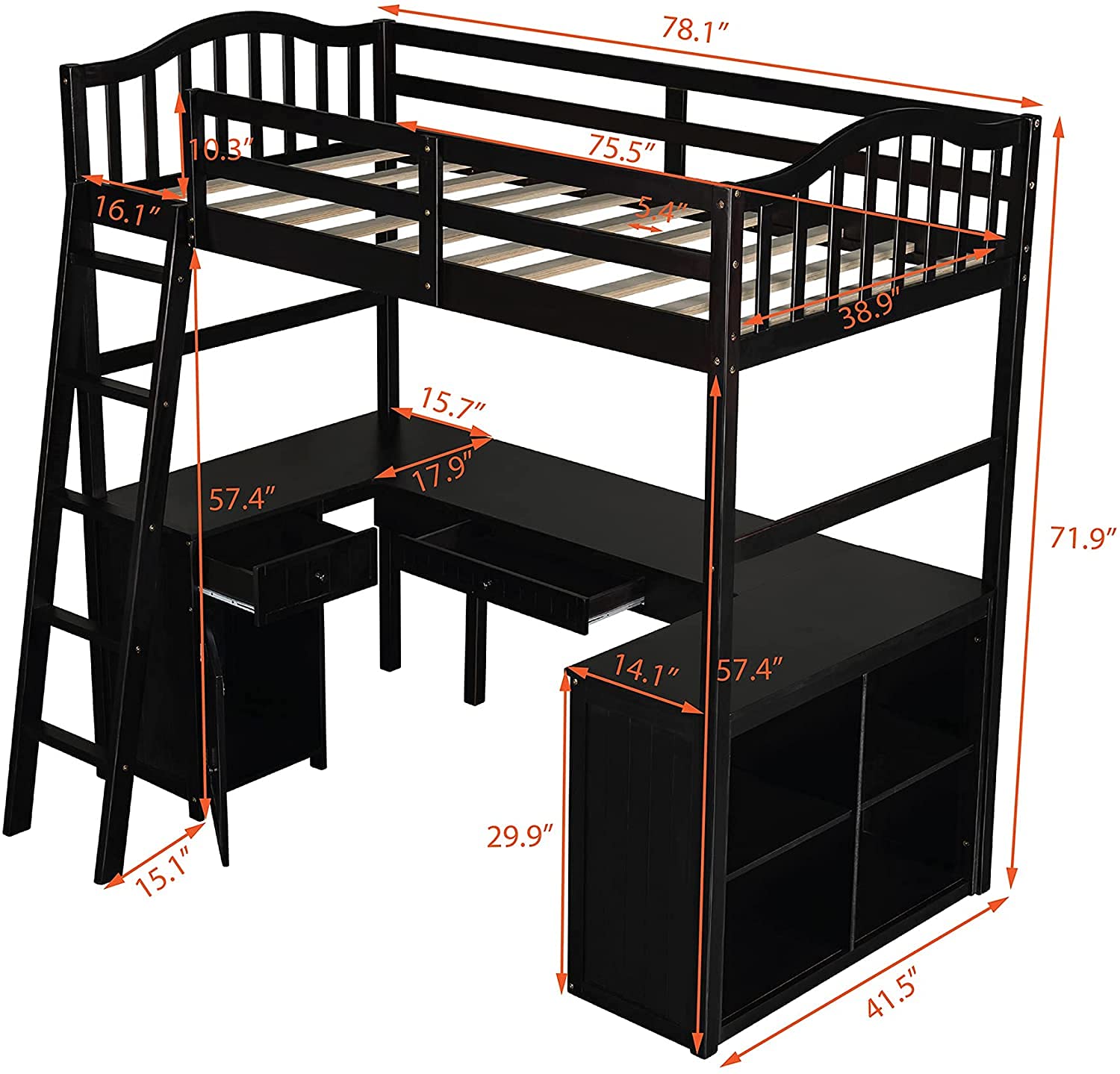**Space-Saving Loft Bed with Desk & Storage - Twin Size Wooden Loft Bed with Drawers, Cabinet & Shelves - Kids Study & Sleep Solution (Espresso Finish, No Box Spring Needed) - Perfect for Small Bedrooms, Dorms & Apartments**