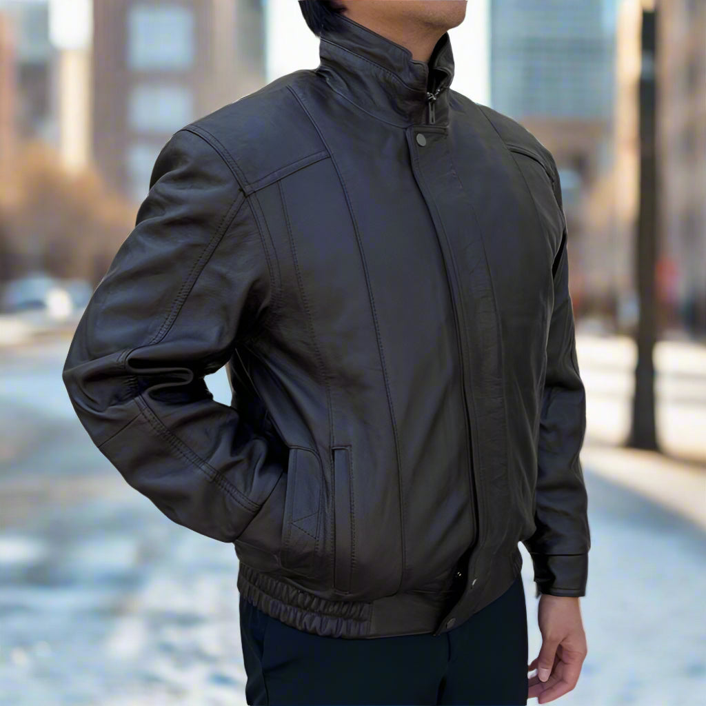 BOL Men's Double Pocket Genuine Leather Bomber Jacket - Stylish & Durable Outerwear for Casual Wear & Motorcycle Riding