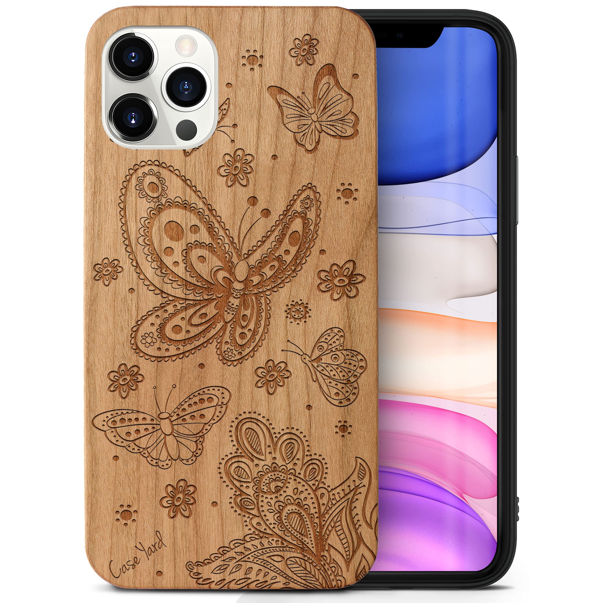 Wooden iPhone 12 Pro Max Case - Laser Engraved Butterfly Design Cherry Wood Protective Cover | Slim Fit Shockproof Phone Case for Men & Women | Perfect for Outdoor Activities, Travel & Daily Use