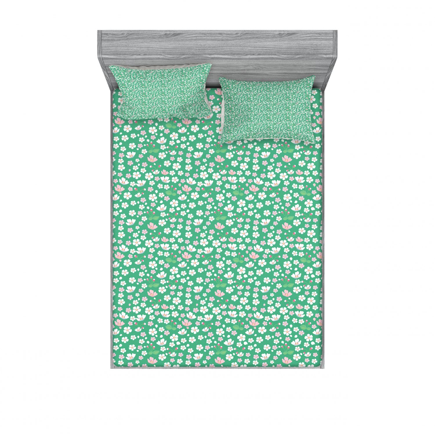 Ambesonne Cherry Blossom 2-Pack Full Size Fitted Sheet Set with 4 Pillow Shams - Floral Japanese Sakura Bedding in Rose & Sea Green for Spring Home Decor, Guest Room & Dorm Essentials