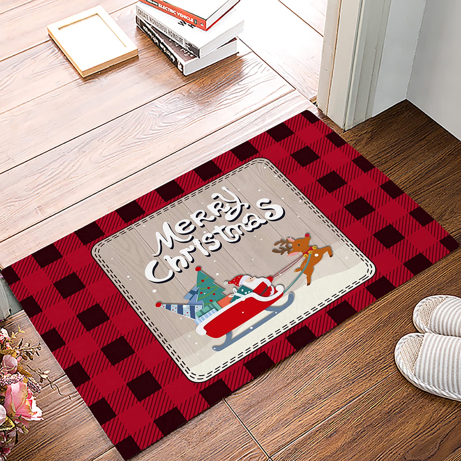 Christmas Snow Santa Claus Elk Plaid Doormat - Non-Slip Rubber Backing 18x30 Inch Holiday Entryway Rug for Front Door, Indoor, Bathroom, Kitchen & Bedroom - Festive Home Decor Gift