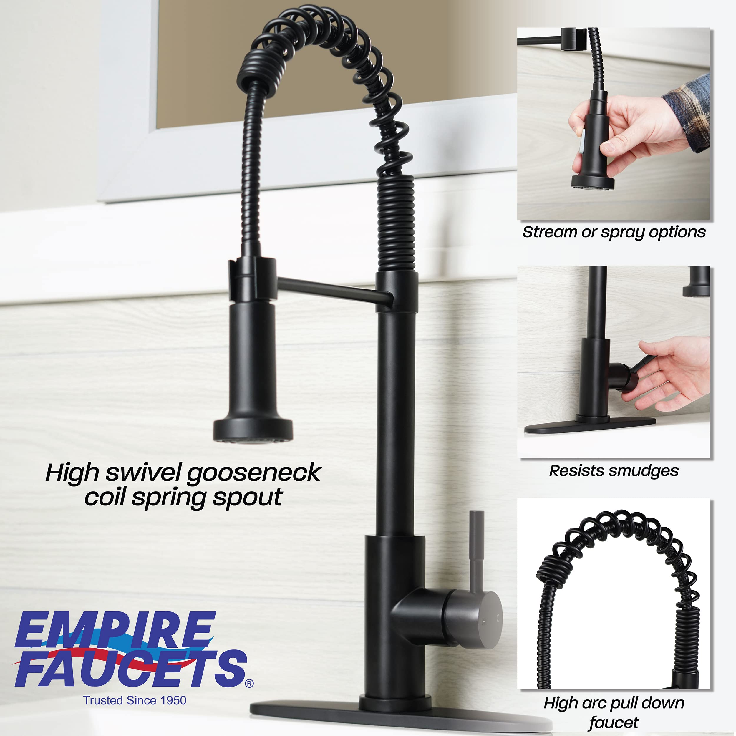 Empire Faucet Black Brushed Nickel Pull Down Sprayer Kitchen Sink Faucet with Optional Deck Plate - Modern Water Saving Design for Cooking, Washing Dishes & Food Prep