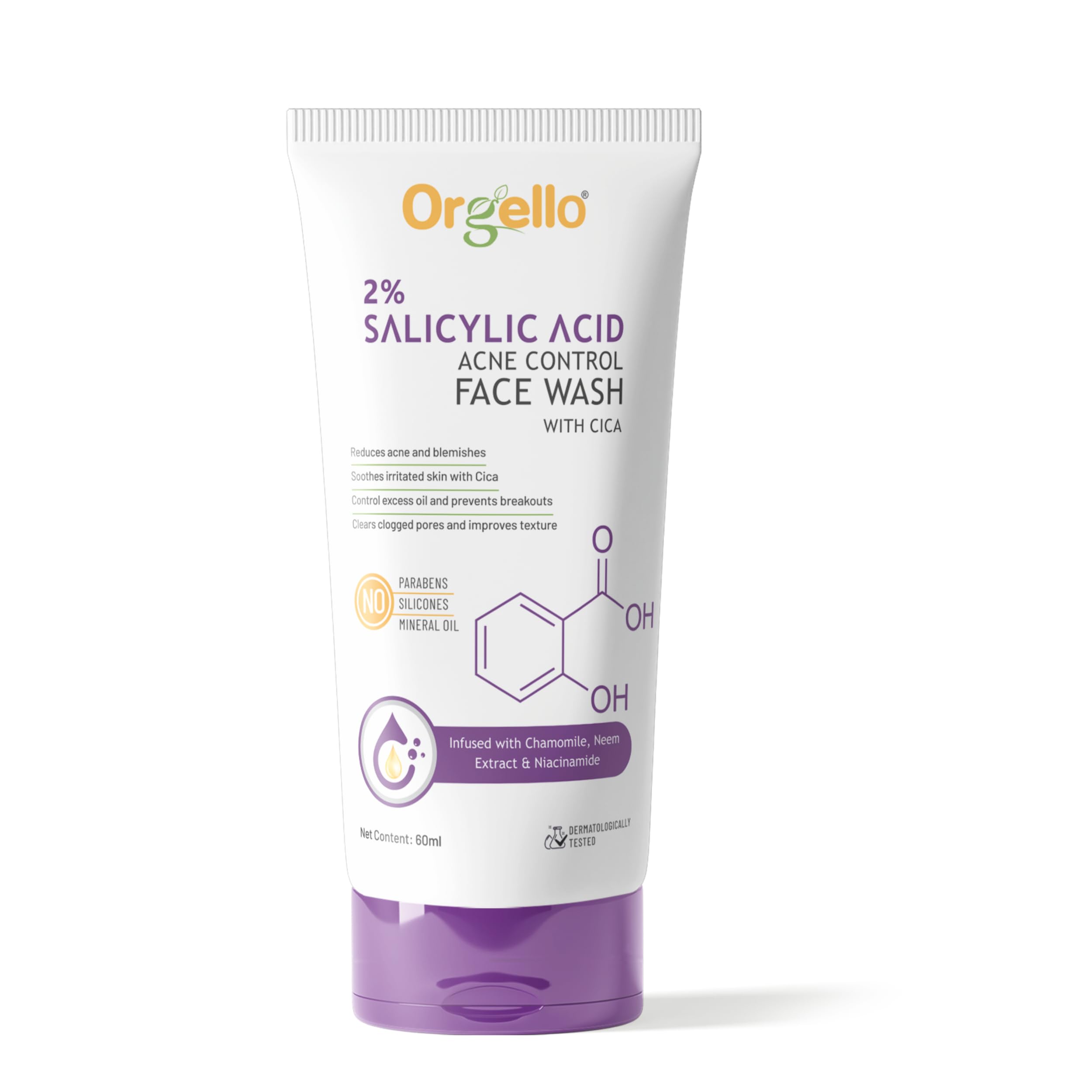 Orgello 2% Salicylic Acid Face Wash for Acne & Pimples - Oil-Free, Gentle Cleanser for Oily & Acne-Prone Skin - 60ml (Pack of 1) - Perfect for Daily Skincare Routine & Blemish Control