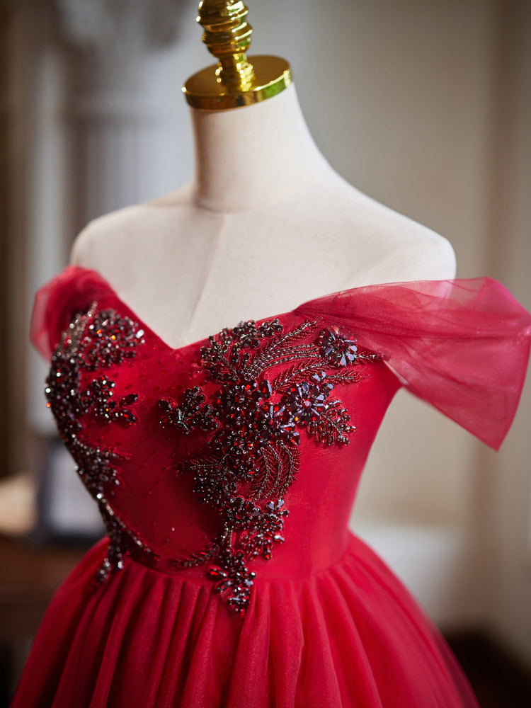 Elegant Burgundy A-Line Off-Shoulder V-Neck Beaded Tulle Prom Dress for Homecoming, Party & Special Occasions