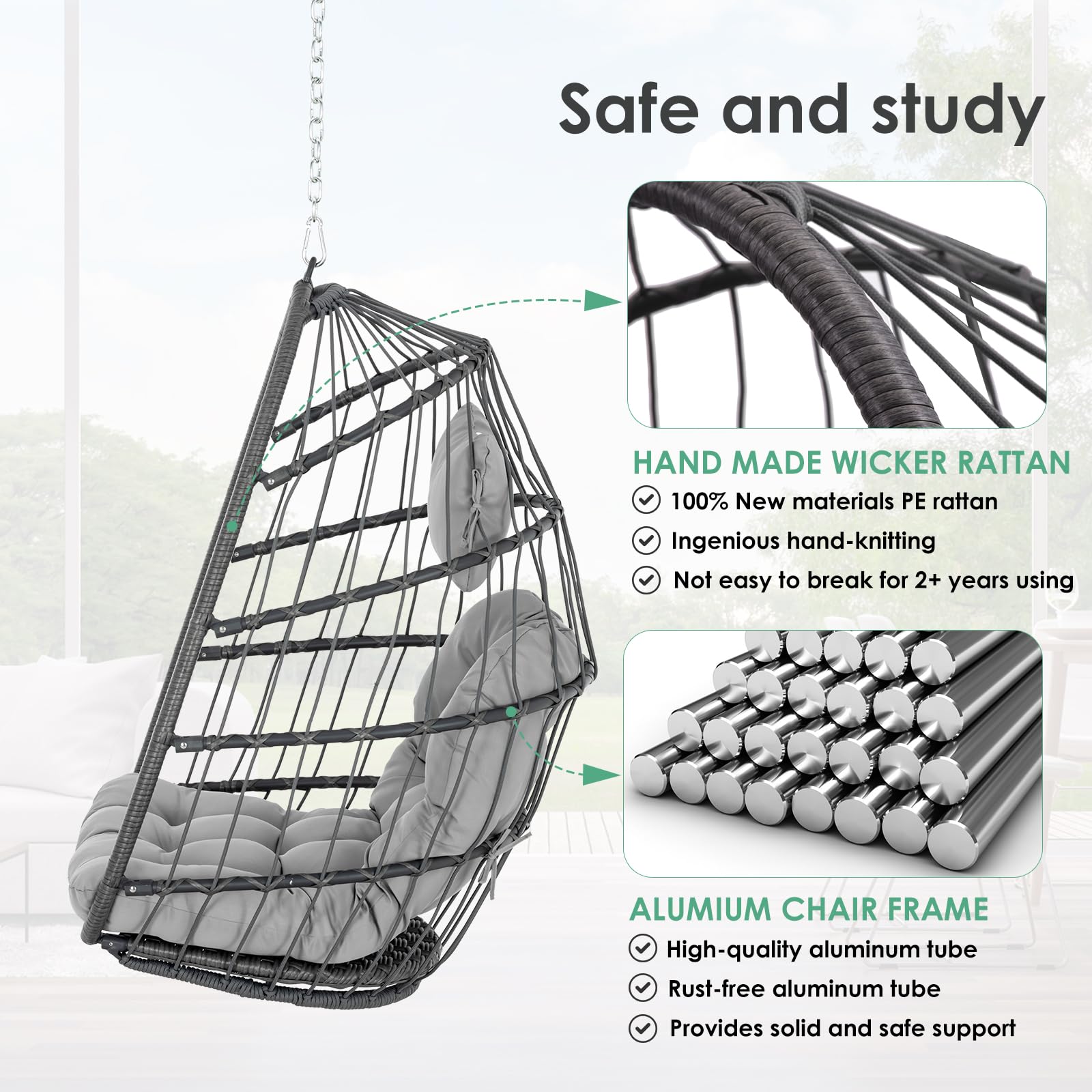 Foldable Hanging Egg Chair - Indoor/Outdoor Wicker Rattan Swing Chair with UV Resistant Cushions & Aluminum Frame - Hammock Chair for Bedroom, Patio, Camping, Garden Relaxation (Grey)