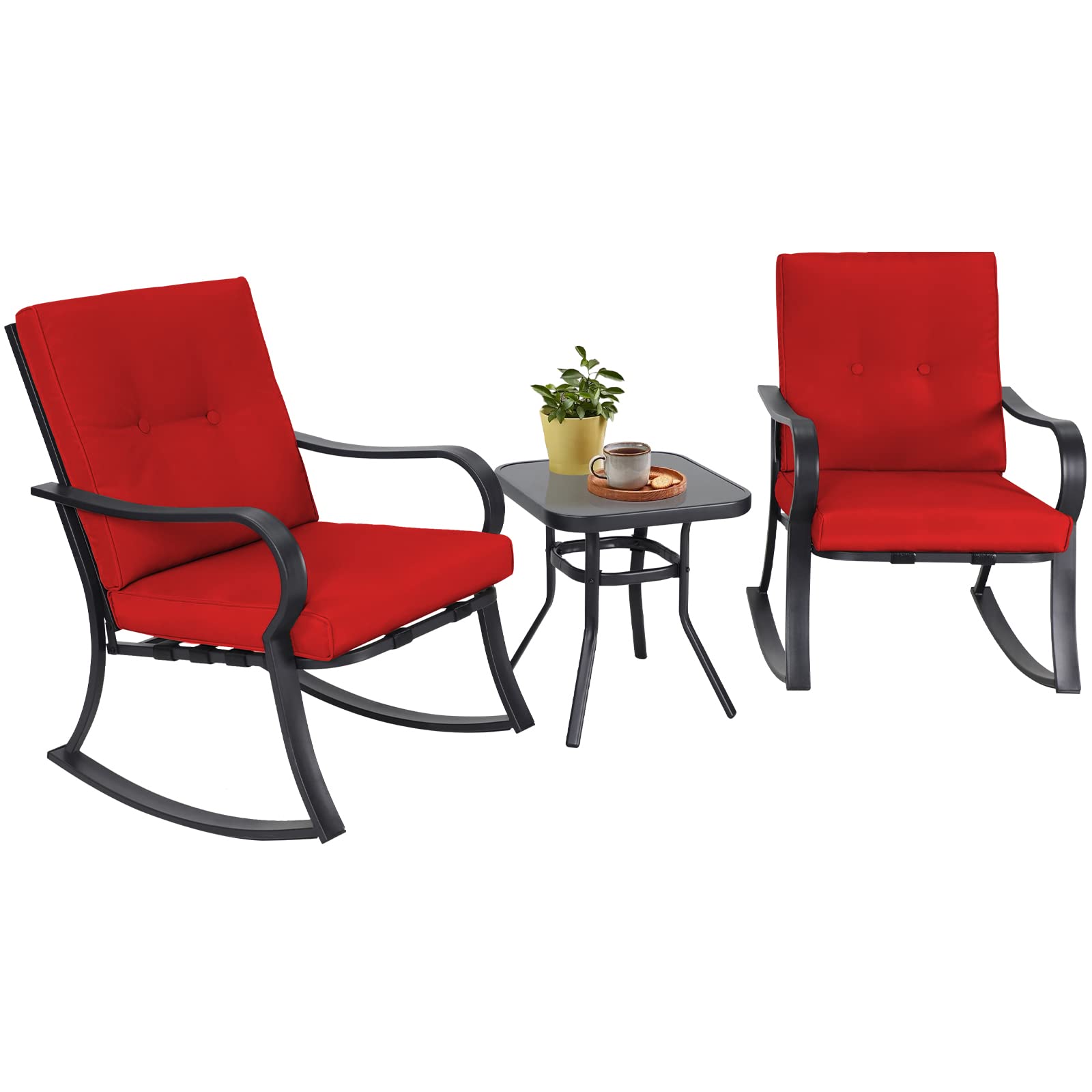 3-Piece Outdoor Rocking Chairs Bistro Set with Glass-Top Coffee Table & Black Iron Chairs - Red Thick Cushions for Patio, Garden, Porch or Backyard Relaxation