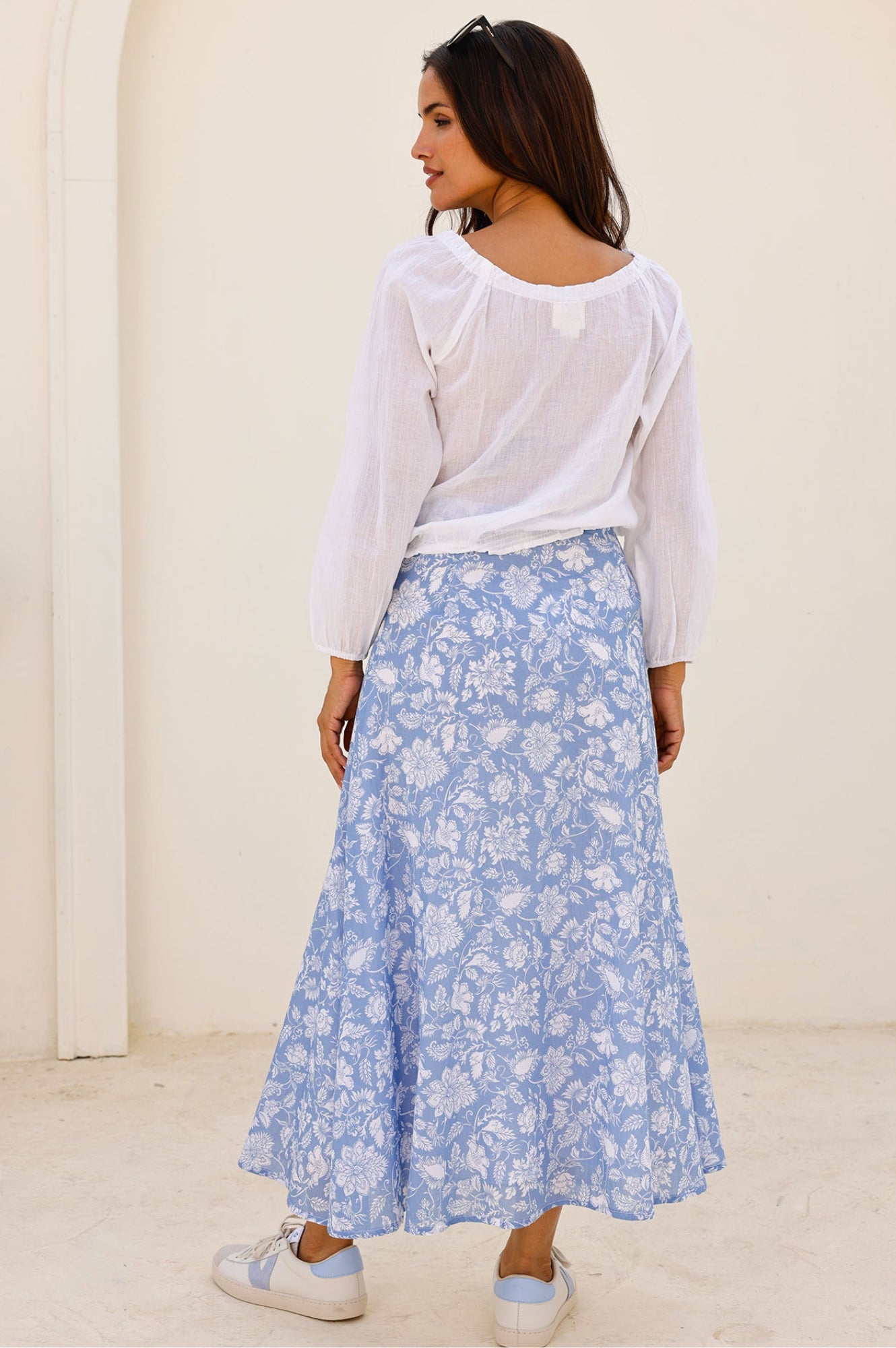 Neve Skirt - Floral Print Blue and White Midi Skirt for Women | Perfect for Spring, Summer, Beach Vacations & Casual Outings