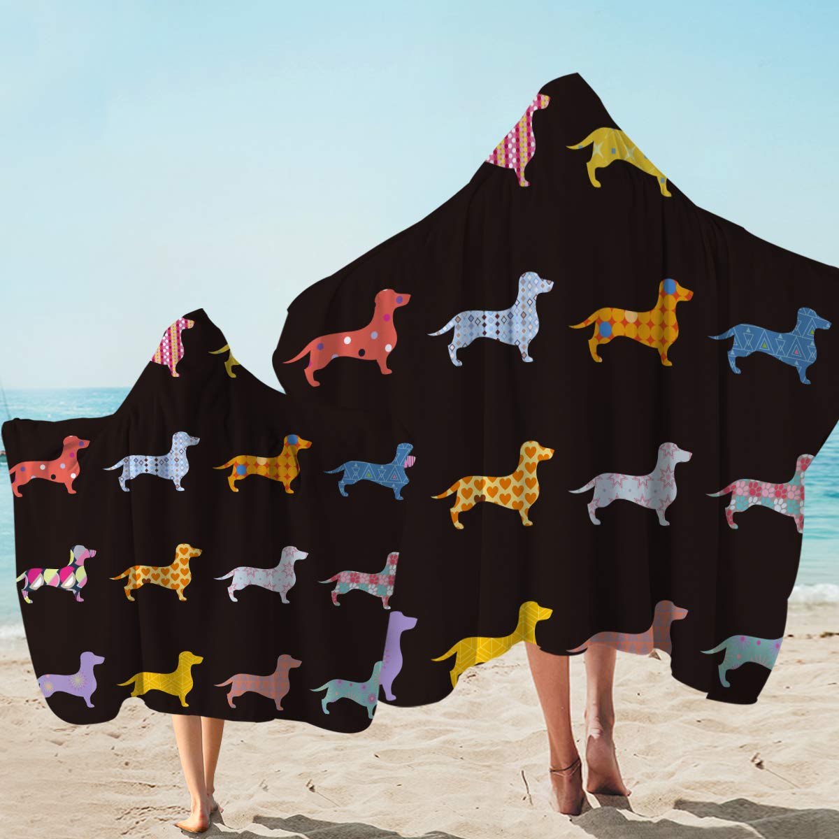 Sleepwish Colorful Geometric Dachshund Hooded Bath Towel - Super Soft 60x80 Inch Cute Animal Towel for Kids & Adults - Perfect for Beach, Pool, Spa, Sauna & Summer Vacation (Orange)