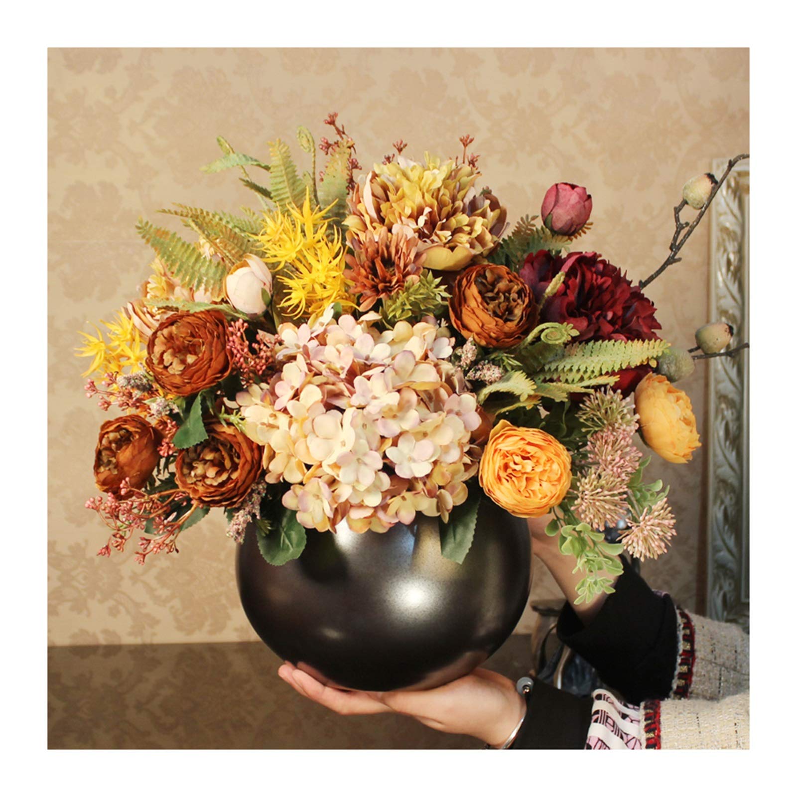 ZAJ Artificial Peony Flowers Arrangement - Real Touch Silk Flowers Bouquet with Ceramic Vase for Home, Office, Wedding Decor | Faux Floral Centerpiece for Table, Porch, Mantel & Party Decoration