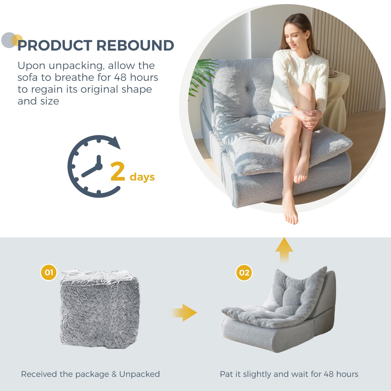 MAXYOYO Convertible Folding Sofa Bed - Boucle Floor Sofa with Back Support, Portable Sleeper Chair for Living Room, Guest Room & Small Spaces, Grey - Perfect for Lounging, Napping & Overnight Guests