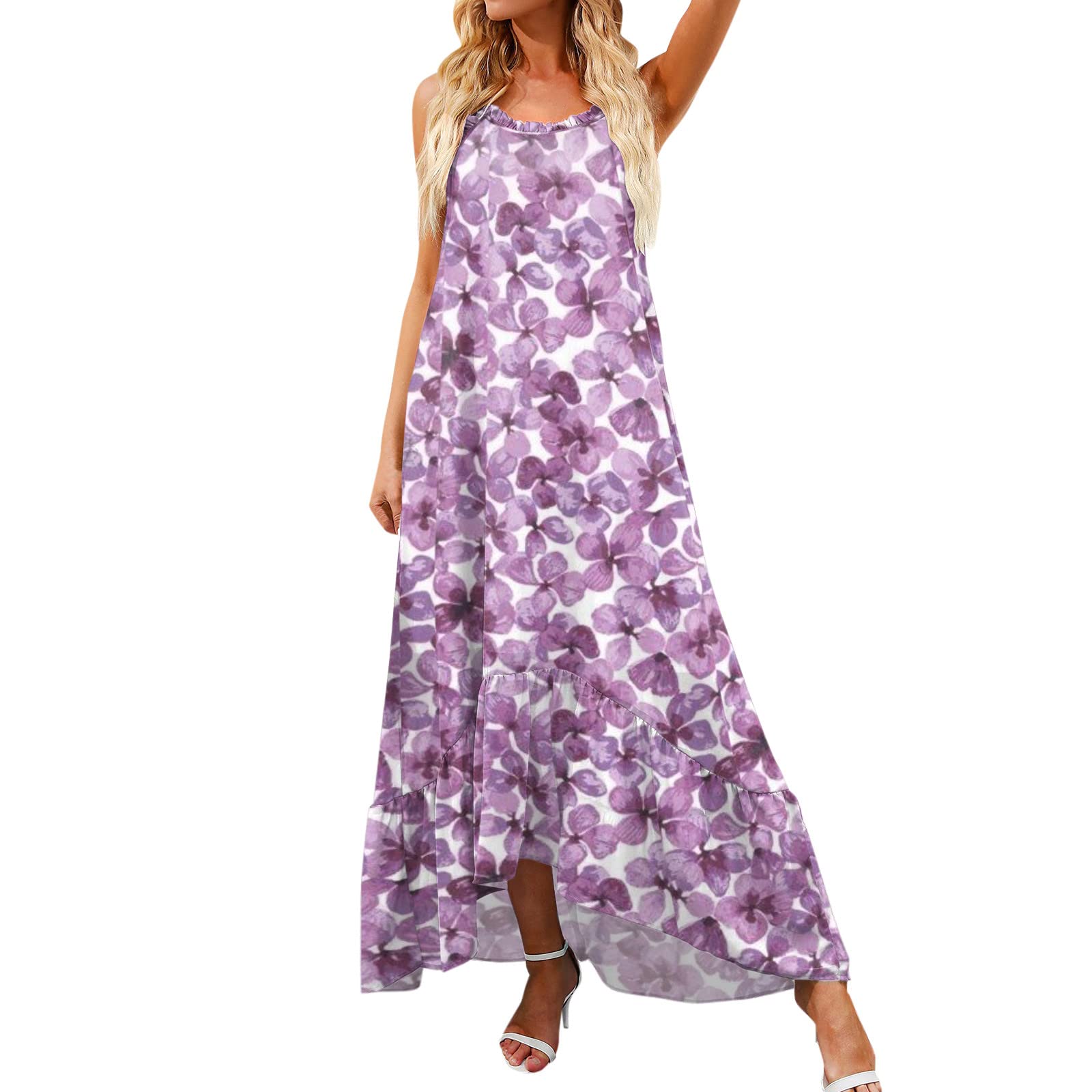 Women's Summer Beach Dress - High Low Ruffle Maxi Dress with Spaghetti Straps, Flowy Printed Sundress for Vacation, Pool Party, and Casual Outings