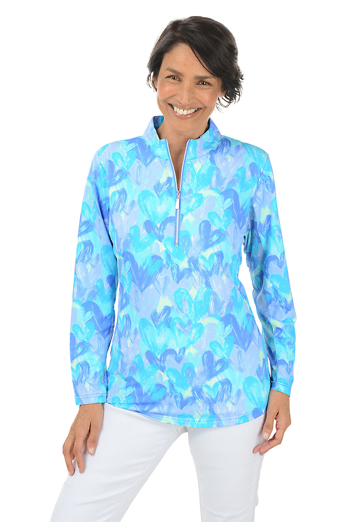 Brushstroke Hearts Cooling UPF50+ Mock Neck Top - Sun Protection Summer Shirt for Women, Perfect for Beach, Pool & Outdoor Activities