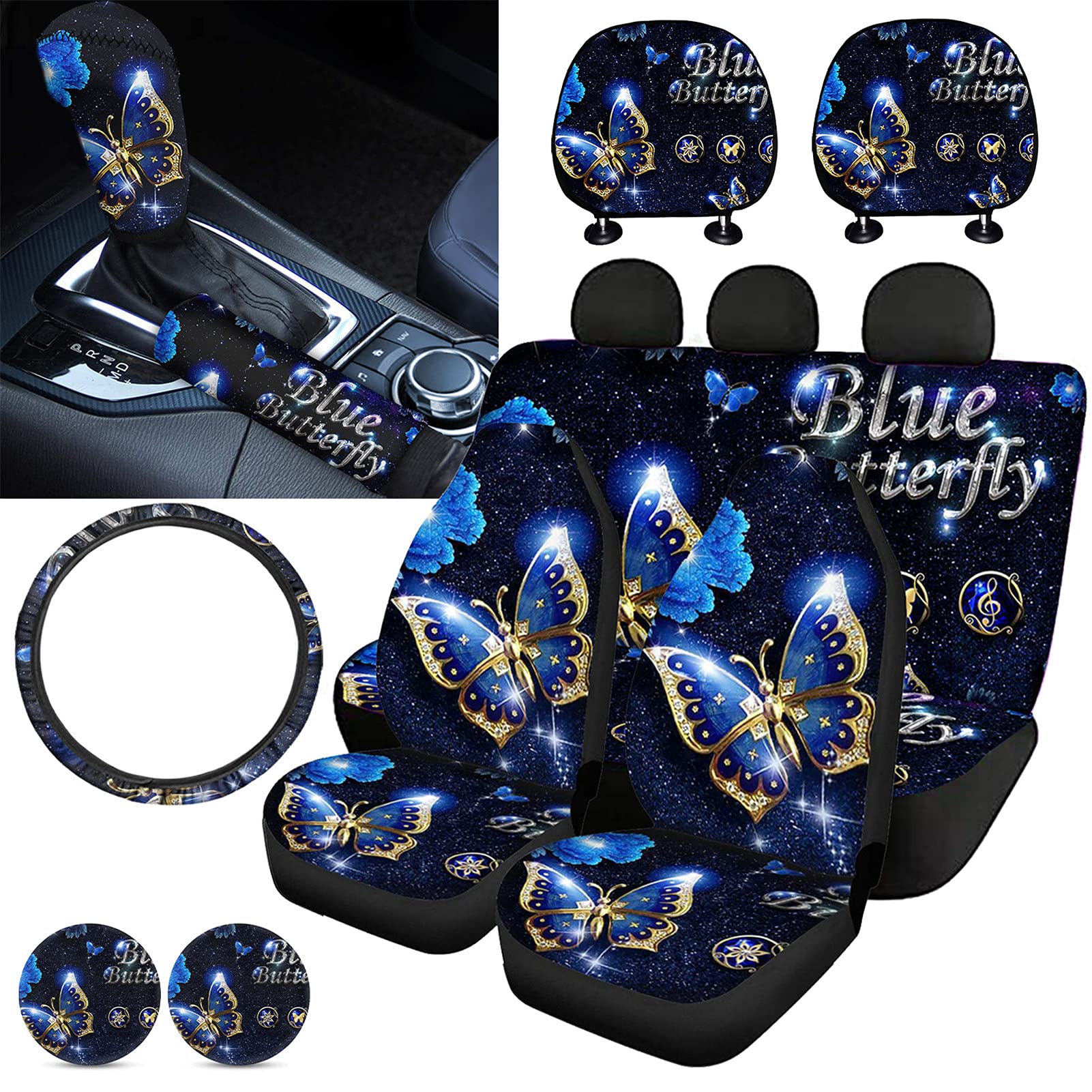 KUILIUPET Blue Butterfly Car Seat Cover Set - Universal Fit 11-Piece Protector Bundle with Steering Wheel Cover, Headrest Cover, Cup Holder Coasters, Gear Shift & Handbrake Cover | Durable & Stylish Interior Accessories for Sedans, SUVs & Trucks