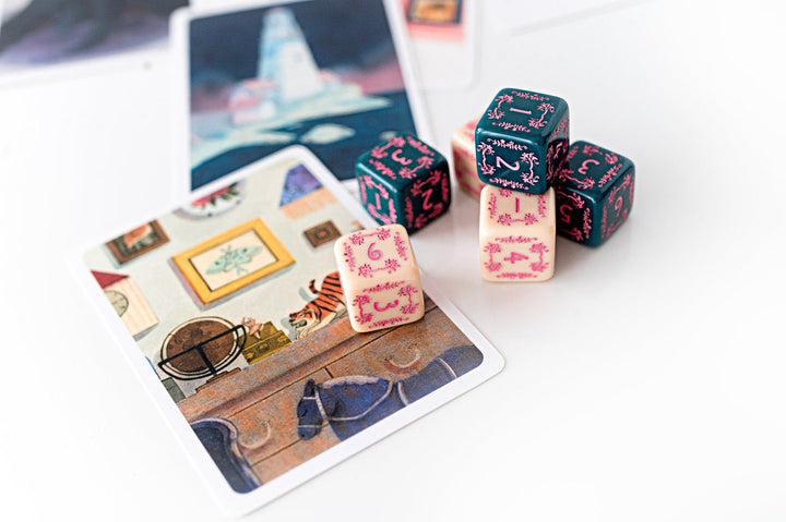 Brindlewood Bay Suspect Cards and Needlepoint Dice Set - Mystery Solving Game Accessories for Tabletop RPG & Murder Mystery Parties