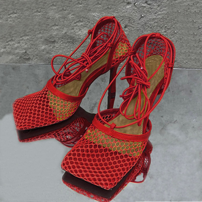 Breathable Mesh Square Toe Lace Up Heels for Women - Comfortable Summer Dress Shoes for Office, Party & Wedding Occasions