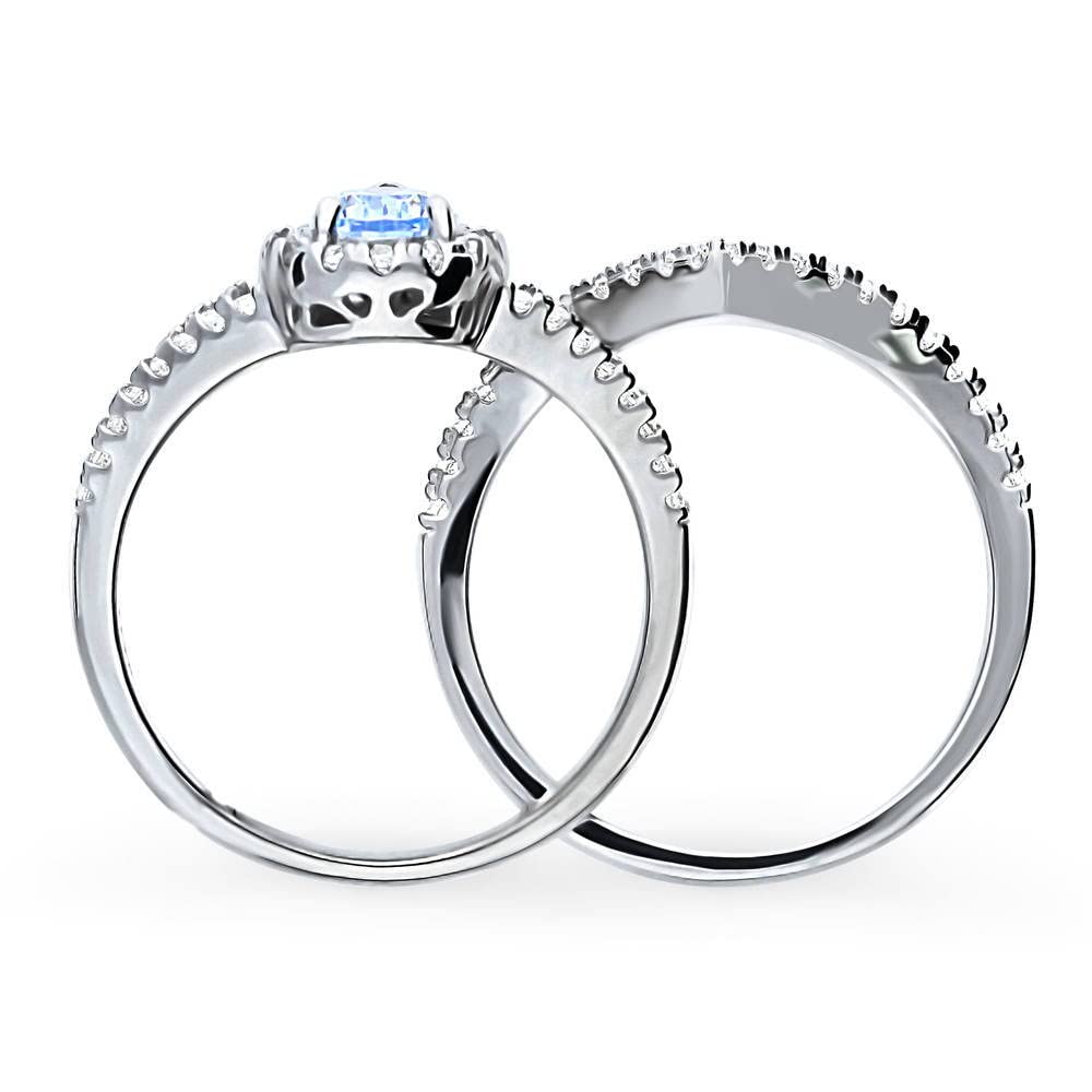 BERRICLE Sterling Silver Halo Wedding Engagement Ring Set for Women - Blue Pear Cut Cubic Zirconia CZ Wishbone Split Shank Ring, Rhodium Plated Size 4-10 | Elegant Bridal Jewelry, Anniversary Gift & Proposal Ring for Special Occasions