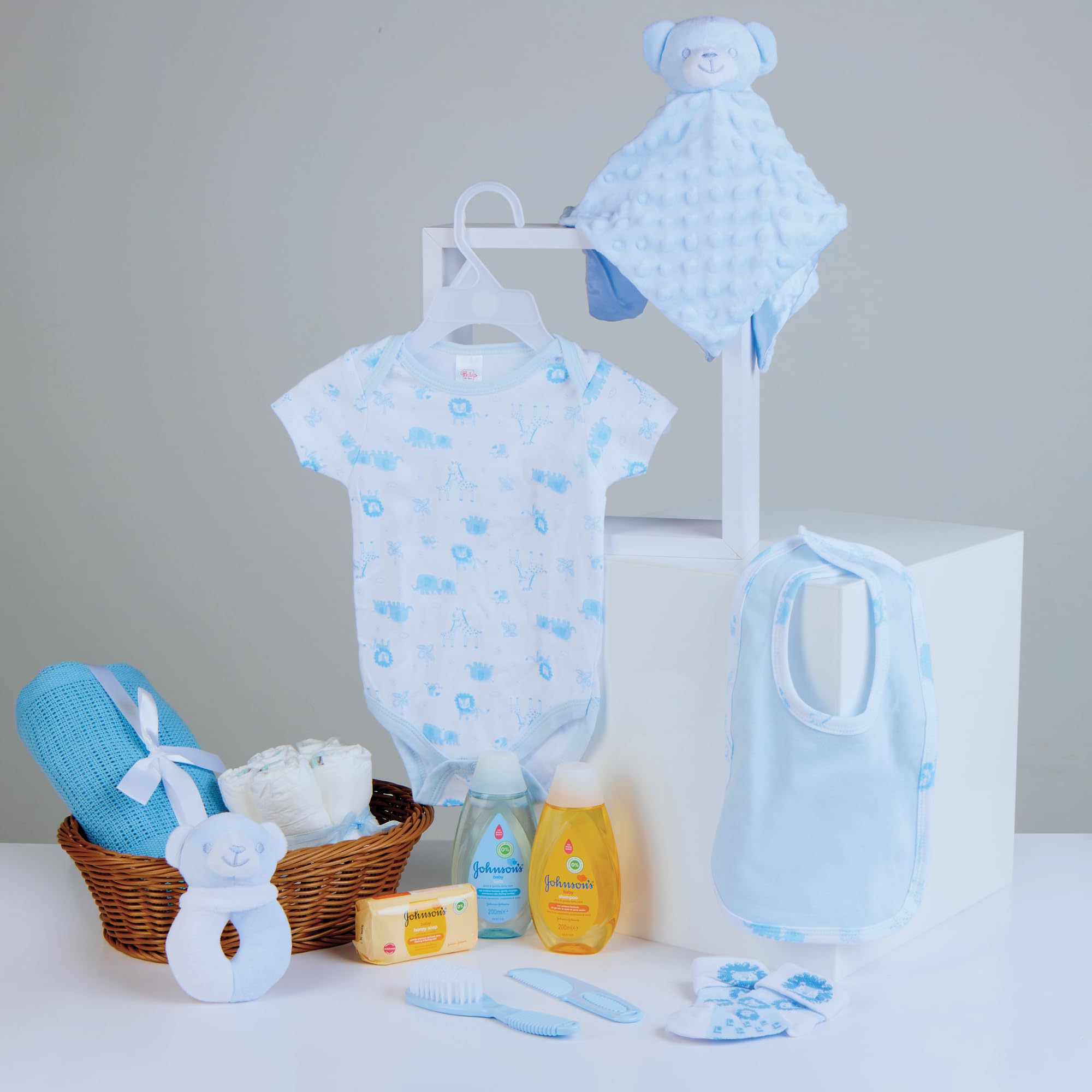 Blue Baby Boy Gift Basket - 18 Essential Newborn Baby Boy Gifts, Welcome Baby Boy Gift Set for New Parents | Perfect for Baby Showers, Christenings & Hospital Visits