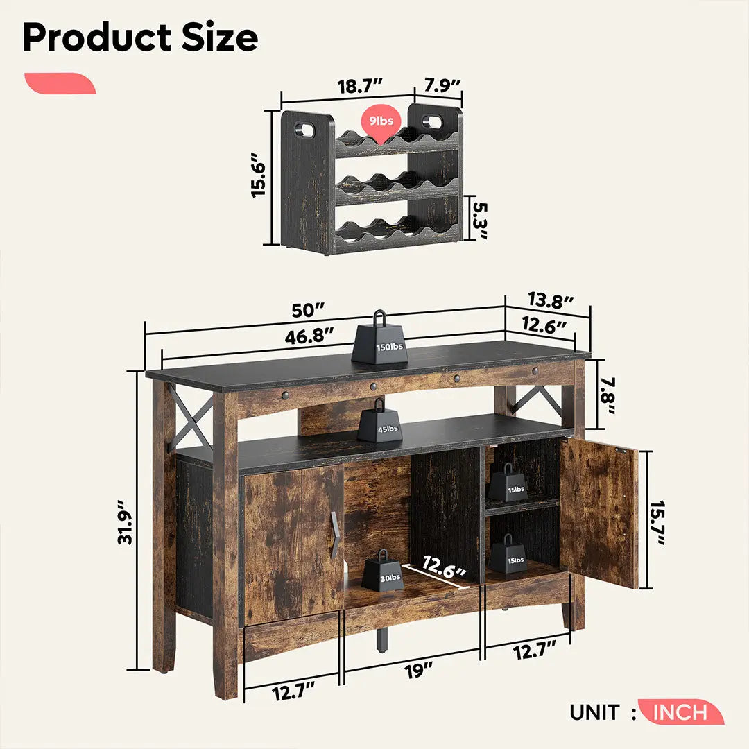 Bestier 50-Inch Modern Bar Cabinet with LED Lighting - Stylish Home Bar Furniture for Living Room, Dining Room or Entertainment Area