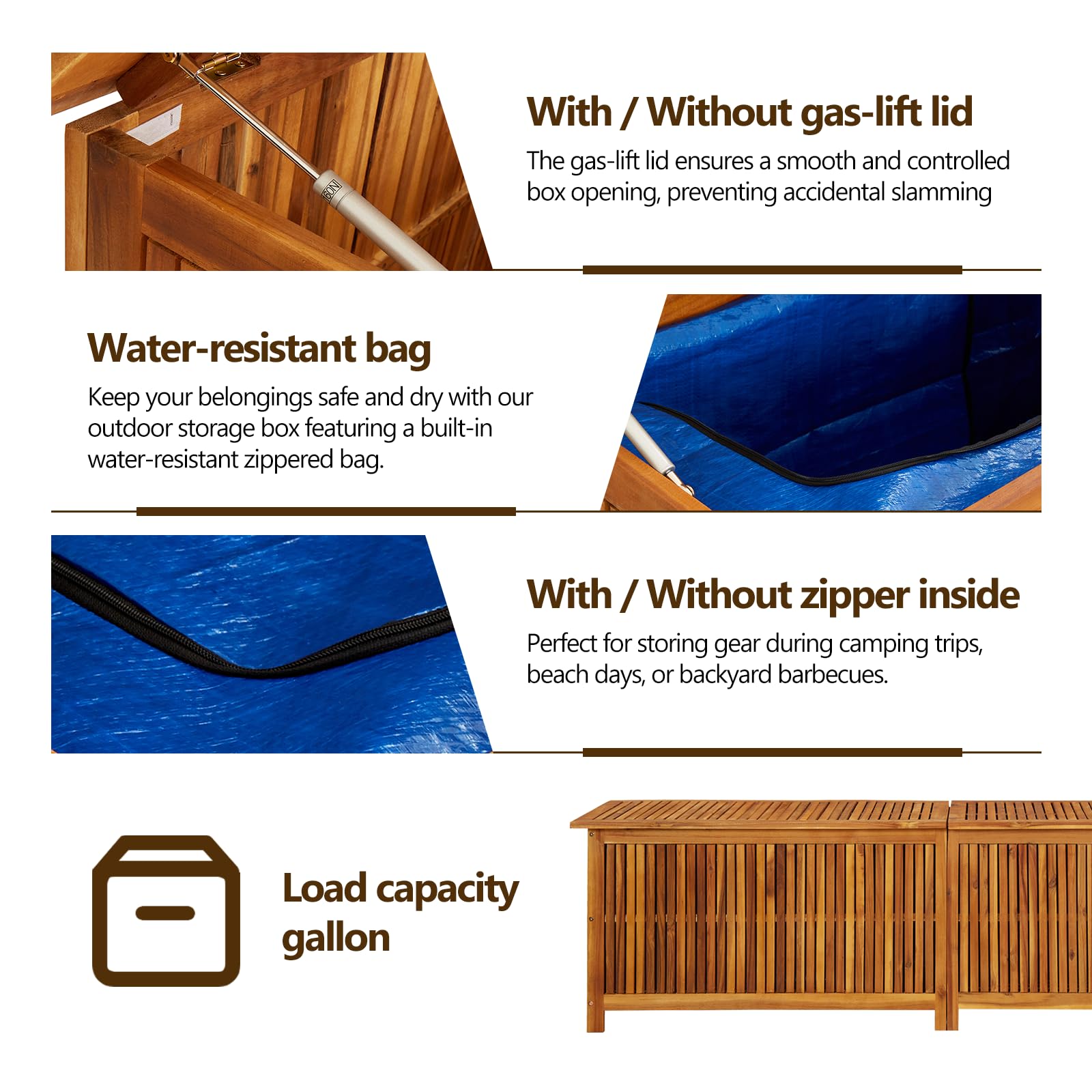 vidaXL Outdoor Storage Box - Large 78.7'' Deck Box with Gas-Lift Lid & Waterproof Zippered Bag - Solid Acacia Wood Patio Furniture for Cushions, Pool Toys & Garden Tools Storage