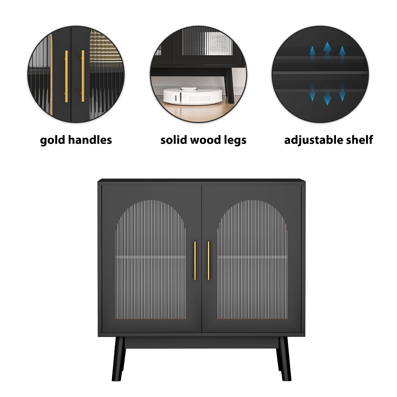 Modern Sideboard Buffet Cabinet with Glass Doors - Adjustable Shelves Kitchen Storage & TV Stand for Living Room, Dining Room - Black | Perfect for Home Decor, Entertaining & Organizing Dishes