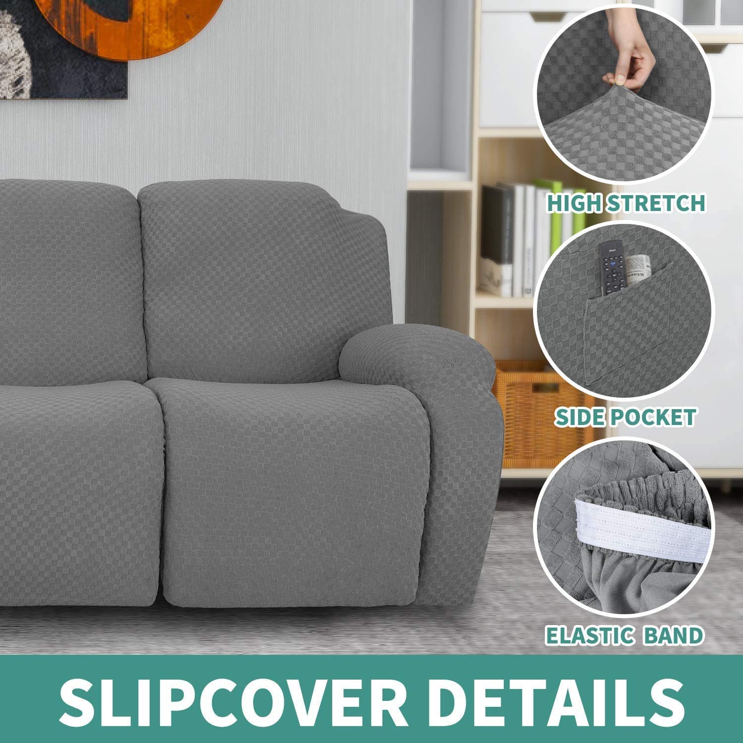 6-Piece Stretch Jacquard Recliner Sofa Slipcover with Side Pockets - Light Gray Elastic Bottom Furniture Protector for Loveseat & Reclining Couches | Perfect for Living Room, Home Theater & Family Room Protection