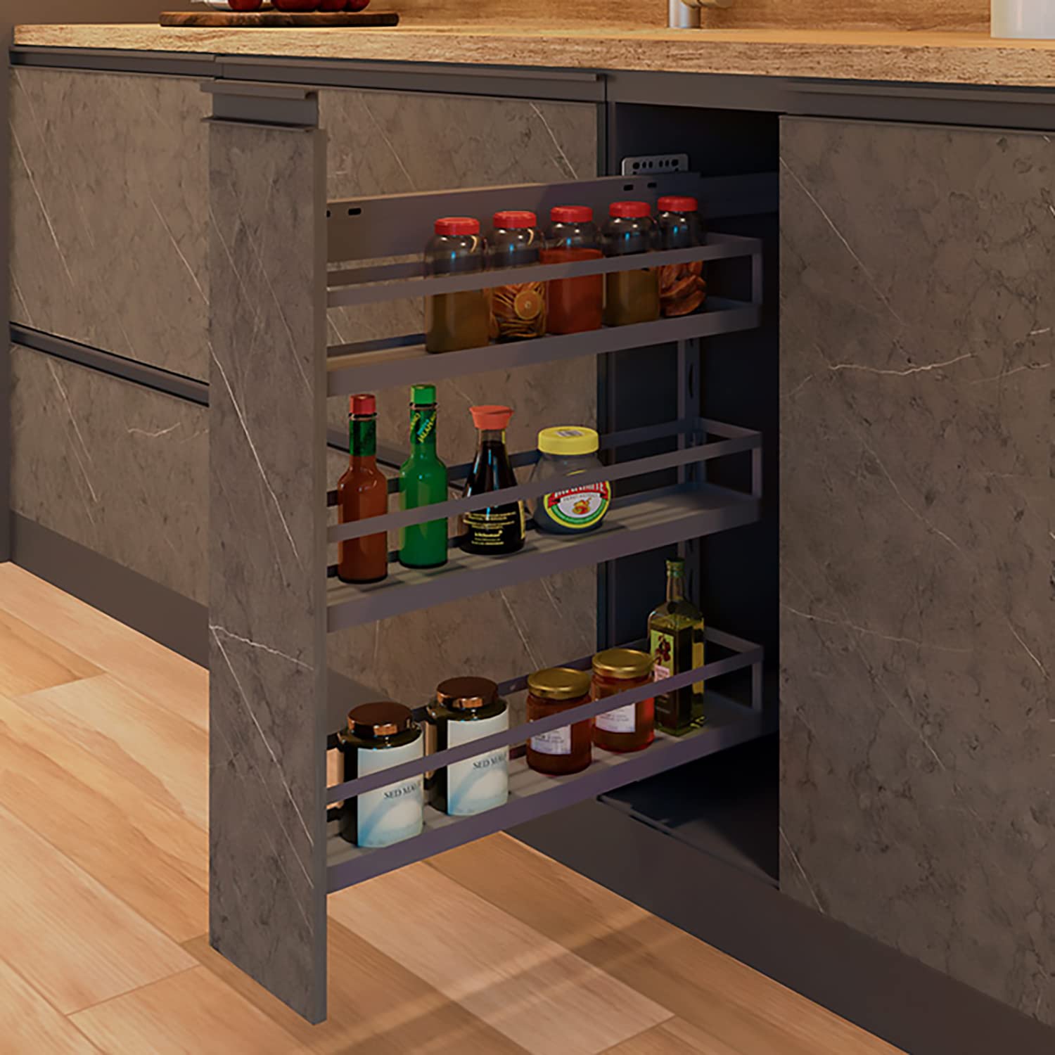 TUHOME 4 Inch Kitchen Seasoning Rack - Grey Matte Pull Out Cabinet Organizer with Soft Close for Spices & Utensils - Perfect for Pantry, Cabinet, or Drawer Organization