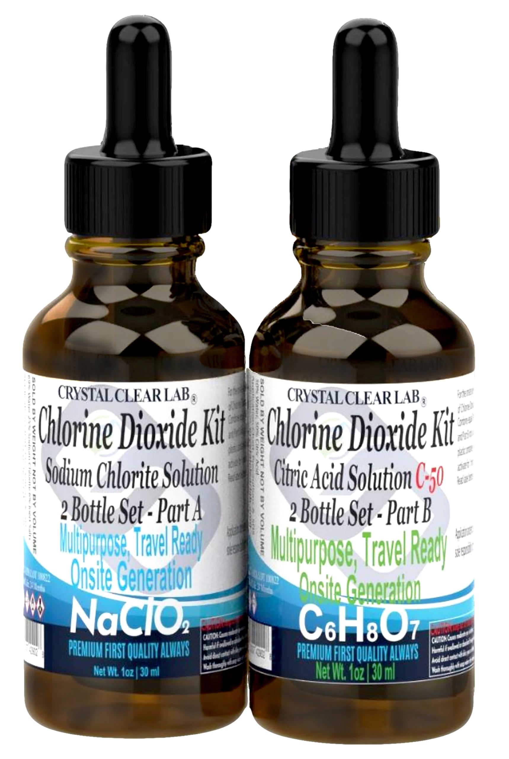 Crystal Clear Chlorine Dioxide ClO2-Kit with Citric Acid Solution & EZ-Drop Bottles - 1 Oz (2 Bottles) | Water Purification, Disinfection & Odor Removal for Camping, Emergency Preparedness & Home Use